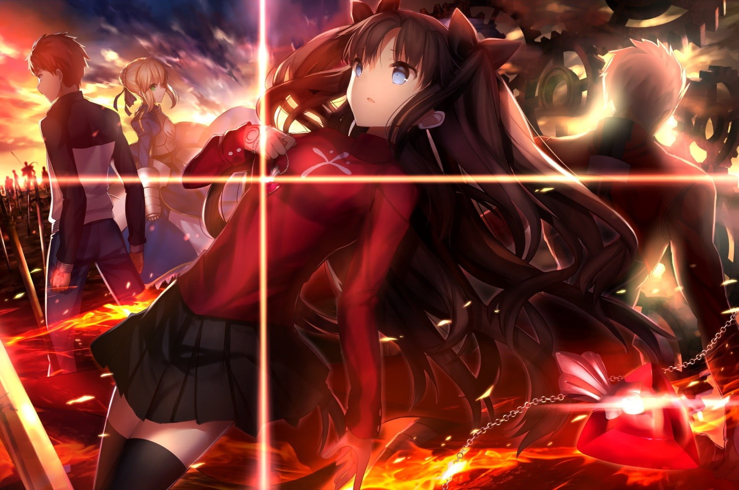 long exposure, Saber, anime girls, real people, night, light - natural phenomenon, motion, Shirou Emiya, digital composite, close-up, glowing, creativity, HD Wallpaper