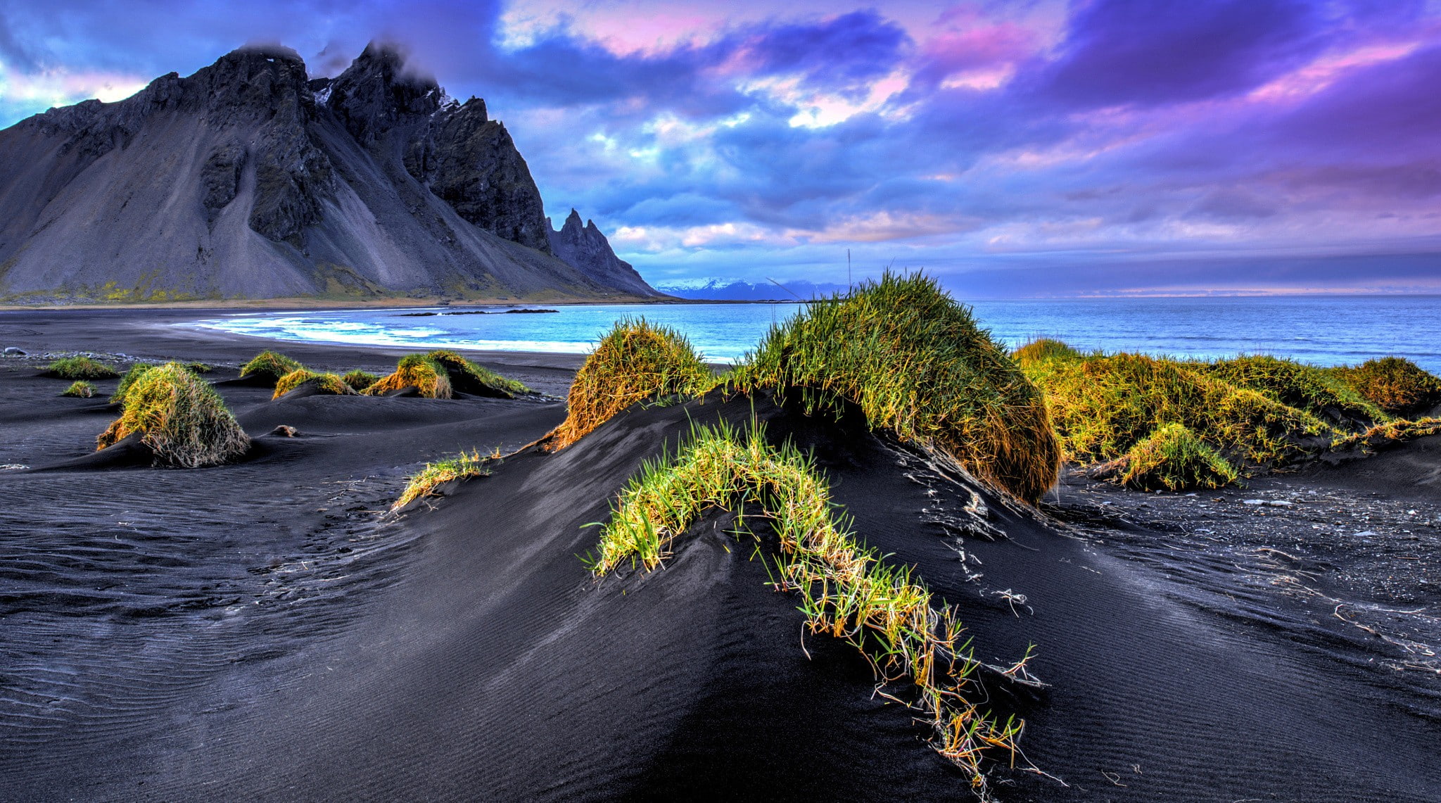 Iceland, environment, nature, grass, scenics - nature, rock, cliff, beach, black sand, mountains, water, mountain, clouds, cloud - sky, tranquility, tranquil scene, HD Wallpaper