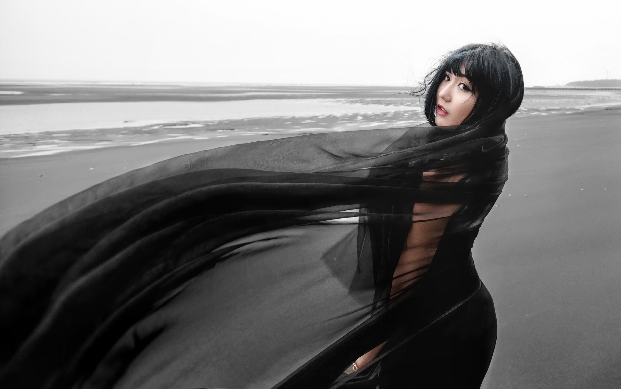 black dress, nature, women, portrait, adult, land, 1080P, looking at camera, young adult, horizon over water, water, lifestyles, young women, beach, beauty, HD Wallpaper