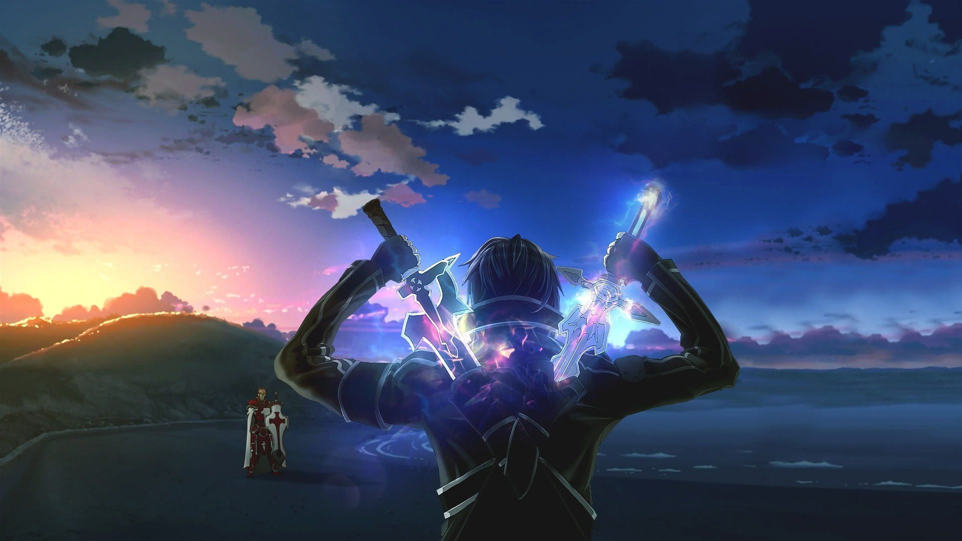 fan art, anime, 1080P, black hair, Kirito (Sword Art Online), Sword Art Online, Dark Repulser, Kayaba Akihiko, sword, beach, digital art, Elucidator, anime, HD Wallpaper