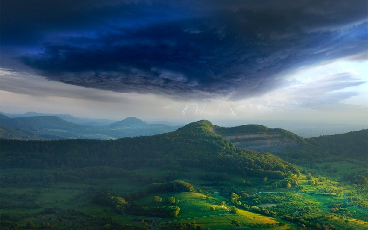 mountain range, land, forest, green, spring, field, rural scene, storm, green color, mountain, lightning, cloud - sky, mountains, outdoors, nature, HD Wallpaper