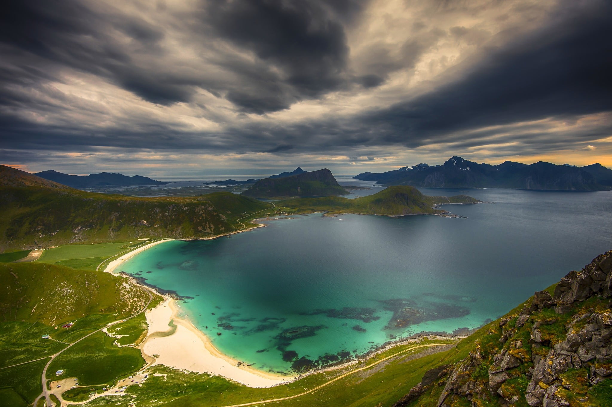 Utsikt, grass, travel destinations, landscape, tranquility, Norway, scenics - nature, beauty in nature, beach, no people, bay, cloud - sky, idyllic, non-urban scene, HD Wallpaper