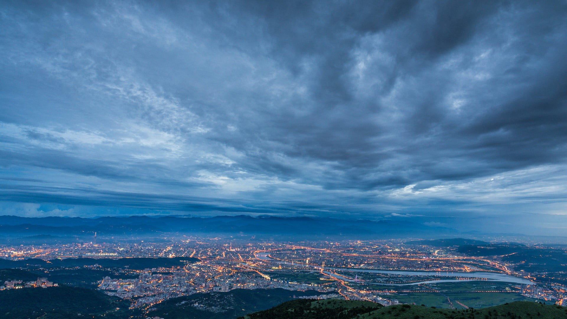 1080P, scenics - nature, blue, night, illuminated, city, sky, beauty in nature, environment, building, outdoors, Taiwan, nimbus, cloud - sky, built structure, HD Wallpaper