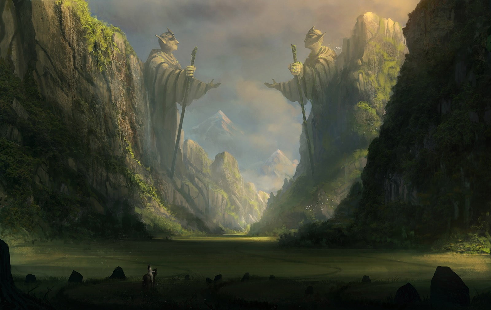 fantasy art, geology, nimbus, plant, valley, mountain range, tranquility, statue, nature, 720P, scenics - nature, tree, landscape, water, beauty in nature, HD Wallpaper