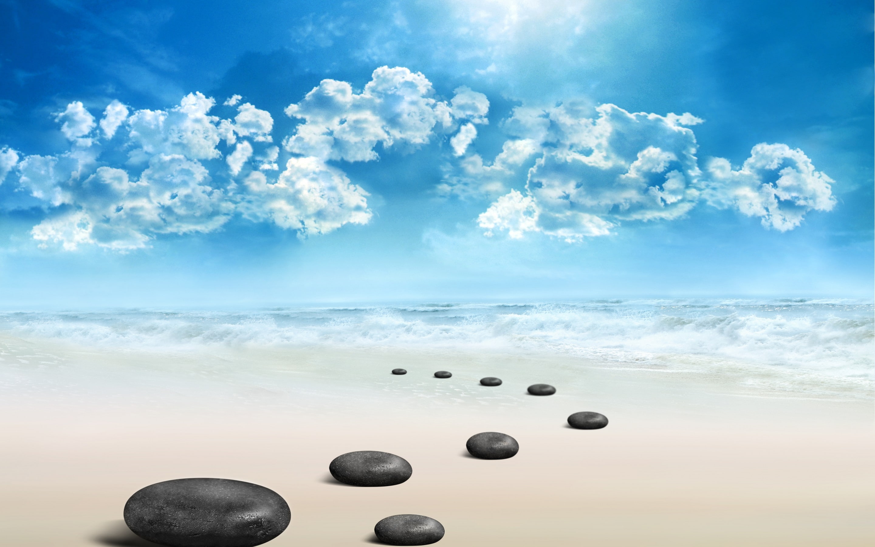 2K, sea, white, formation, sand, ocean, landscape, rocks, daytime, stones, near, rock, sky, nature, spa, black, HD Wallpaper