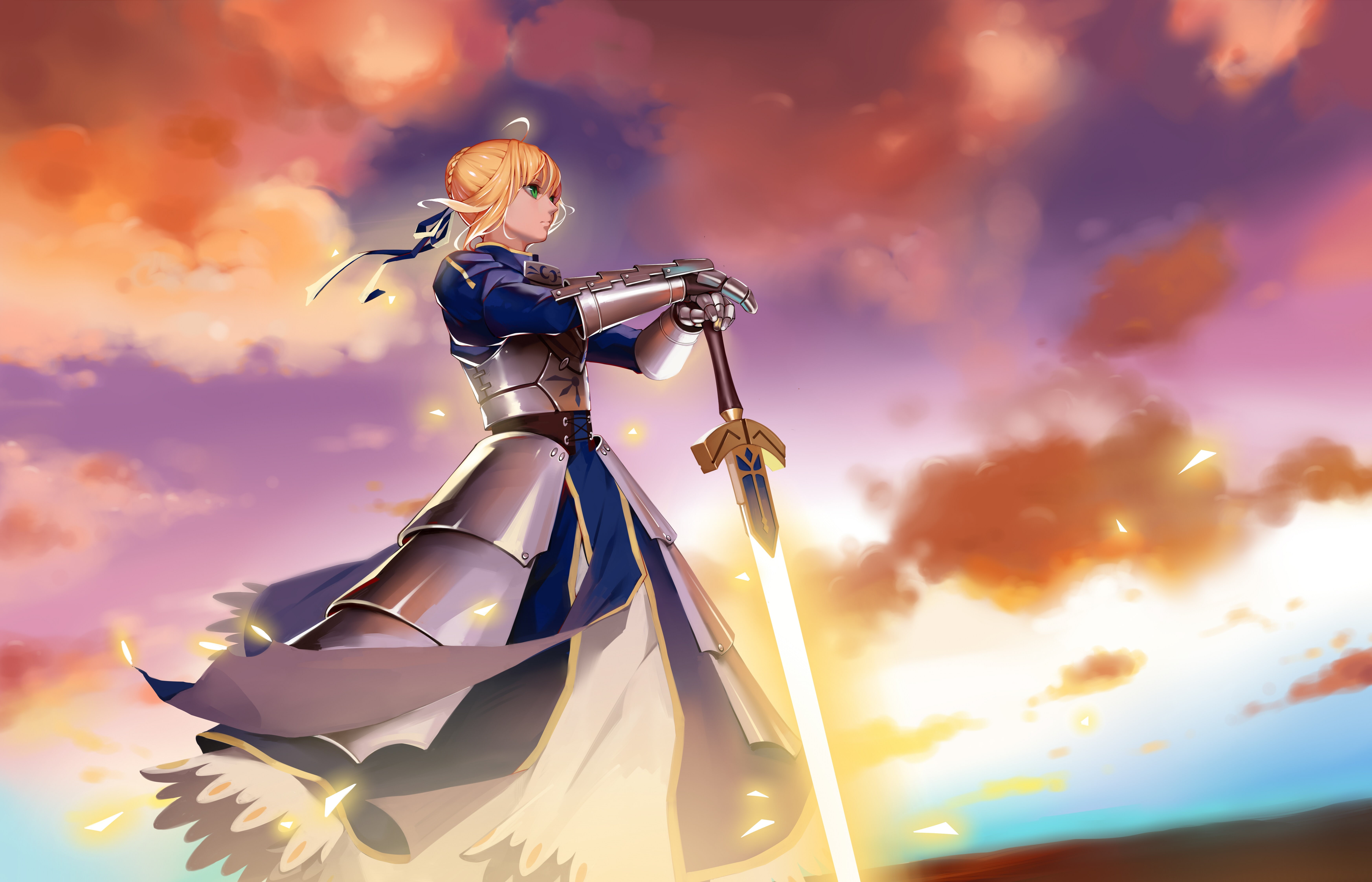 anime, sword, anime girls, blonde, Fate/Stay Night, Fate/Zero, short hair, 5K, Saber, Fate/Grand Order, armor, weapon, green eyes, HD Wallpaper