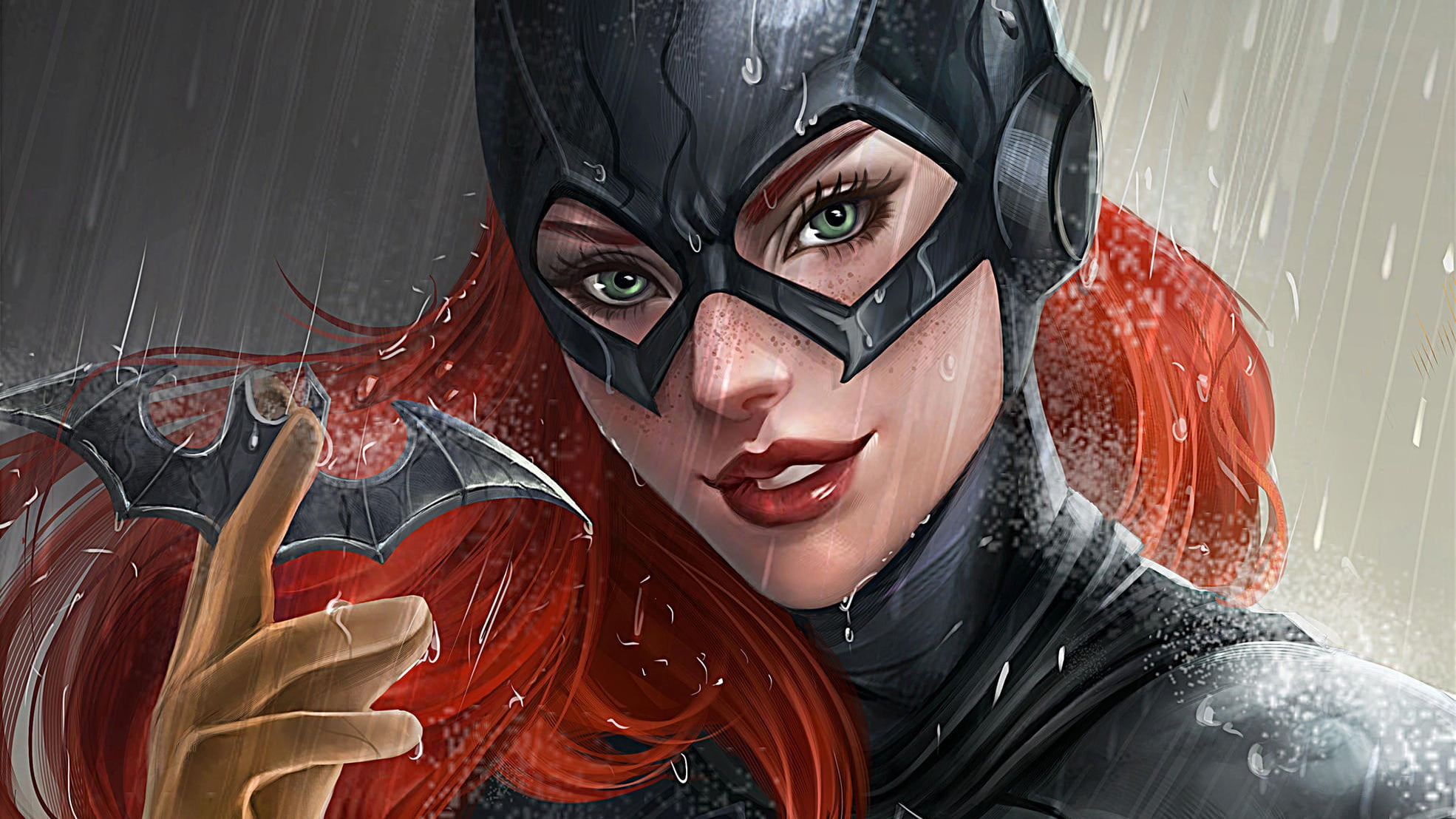 fantasy art, costume, 1080P, superheroine, fantasy girl, Bette Kane, comics, superhero, mask, Batgirl, rain, girl, redhead, DC Comics, green eyes, artwork, HD Wallpaper
