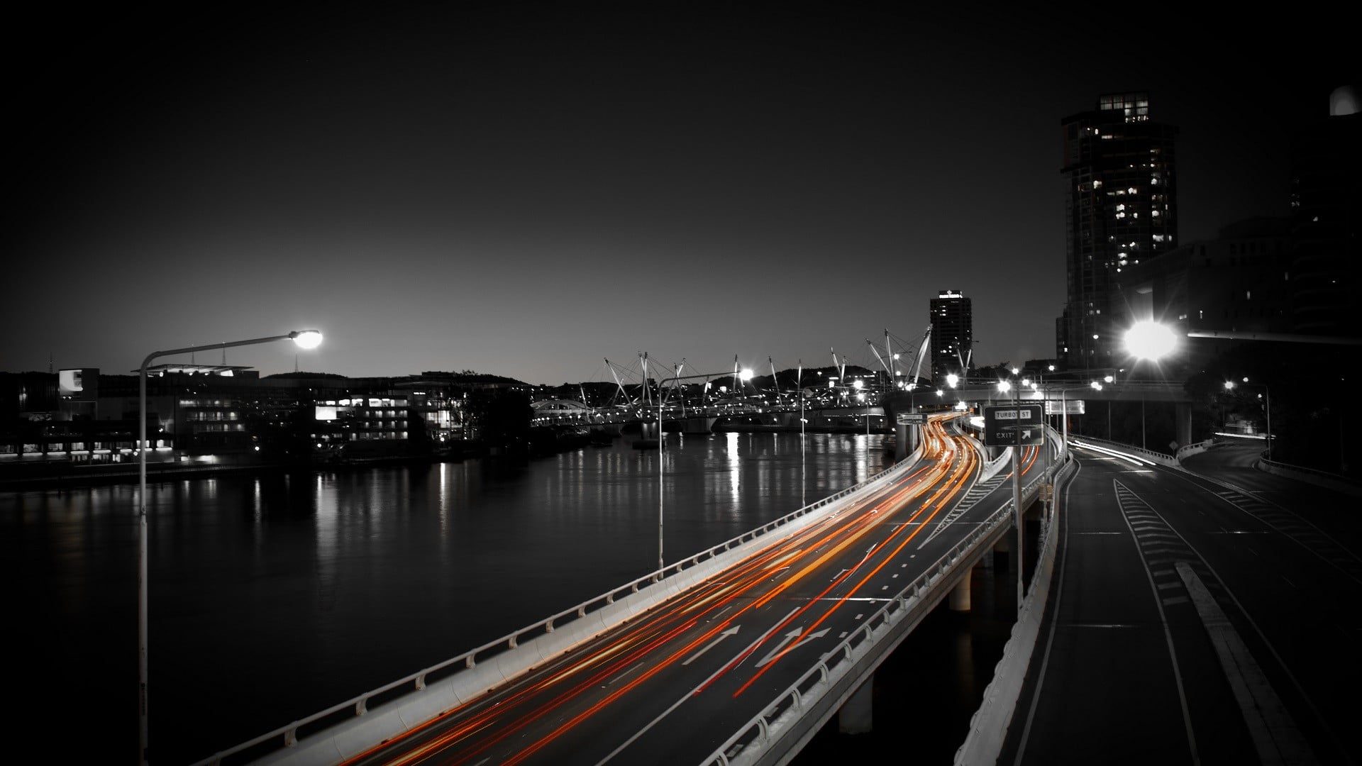 track, building exterior, city life, nature, street, street light, 1080P, modern, selective coloring, monochrome, architecture, building, cityscape, no people, HD Wallpaper