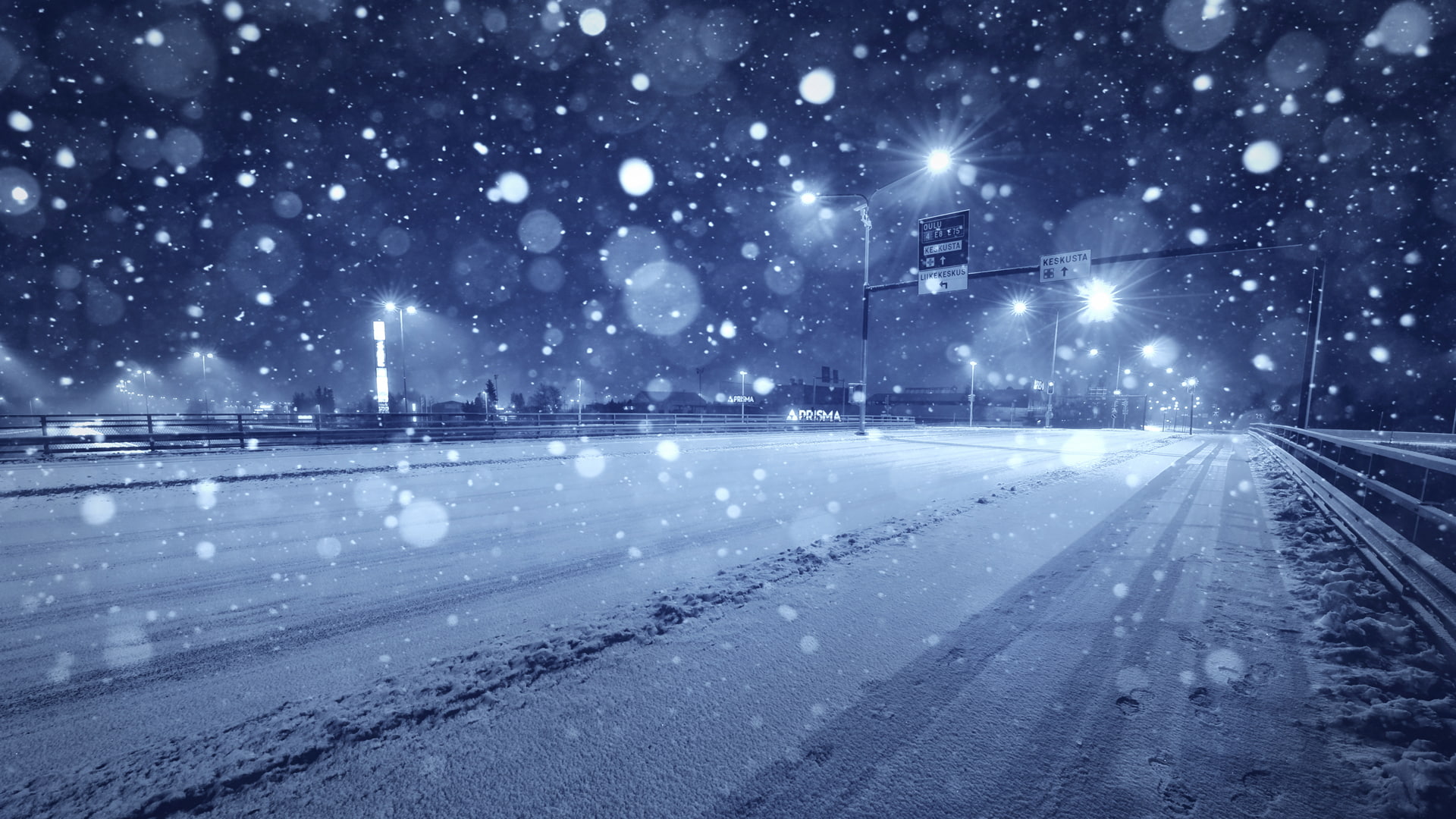 night, way, streetlight, highway, bokeh, freeway, snow, hd, nature, winter, 1080P, HD Wallpaper