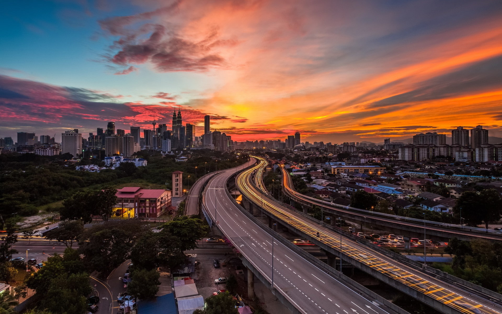 highway, cityscape, way, hd, 1080P, freeway, skyscrapers, buildings, sunset, HD Wallpaper