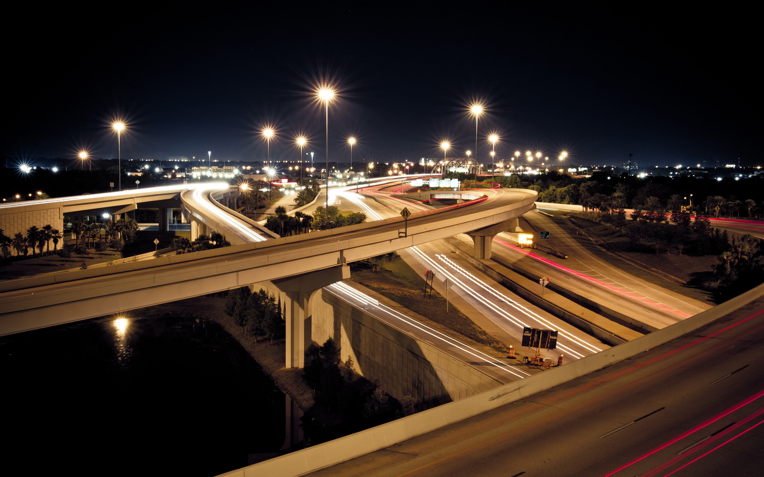 city, freeway, lake, road, long exposure, long, way, exposure, night, 2K, HD Wallpaper