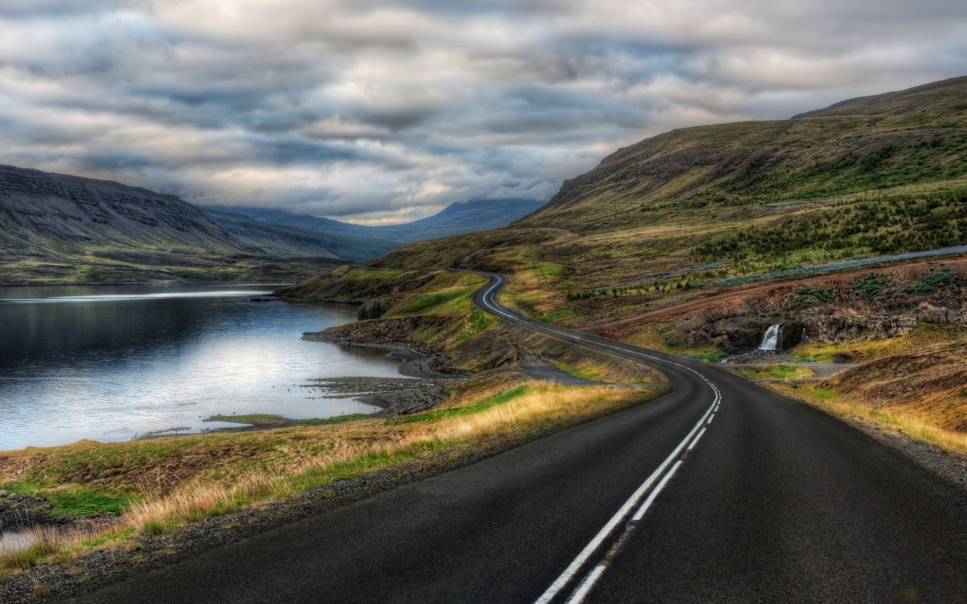 autumn, 1080P, blue, way, clouds, sky, outdoors, blue sky, grass, river, road, photography, freeway, HD Wallpaper