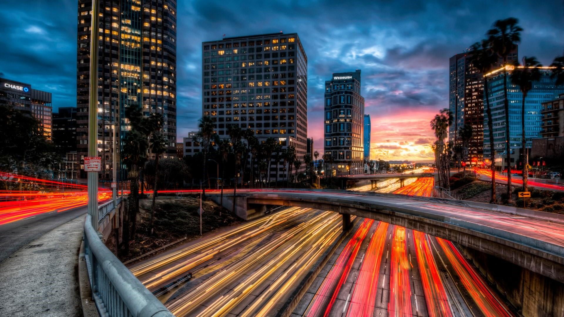 modern, architecture, freeway, skyscraper, 110, skyline, building, road, blurred motion, twilight, 1080P, illuminated, building exterior, motion, downtown, HD Wallpaper