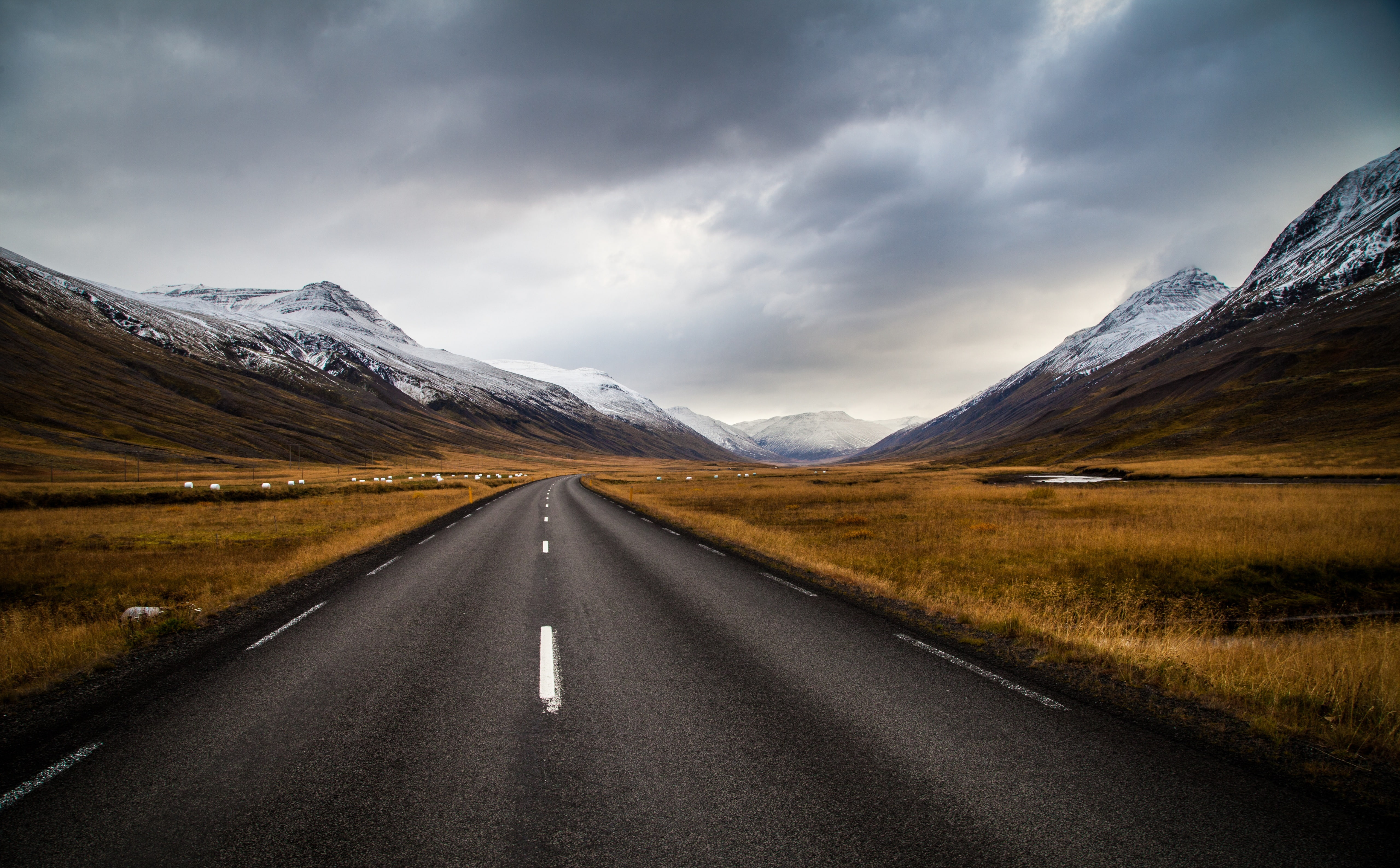 Route, long, no people, Travel, cloud - sky, scenics - nature, Trip, Stormy, tranquil scene, Driving, excursion, Landscape, tranquility, sky, snowcapped mountain, HD Wallpaper