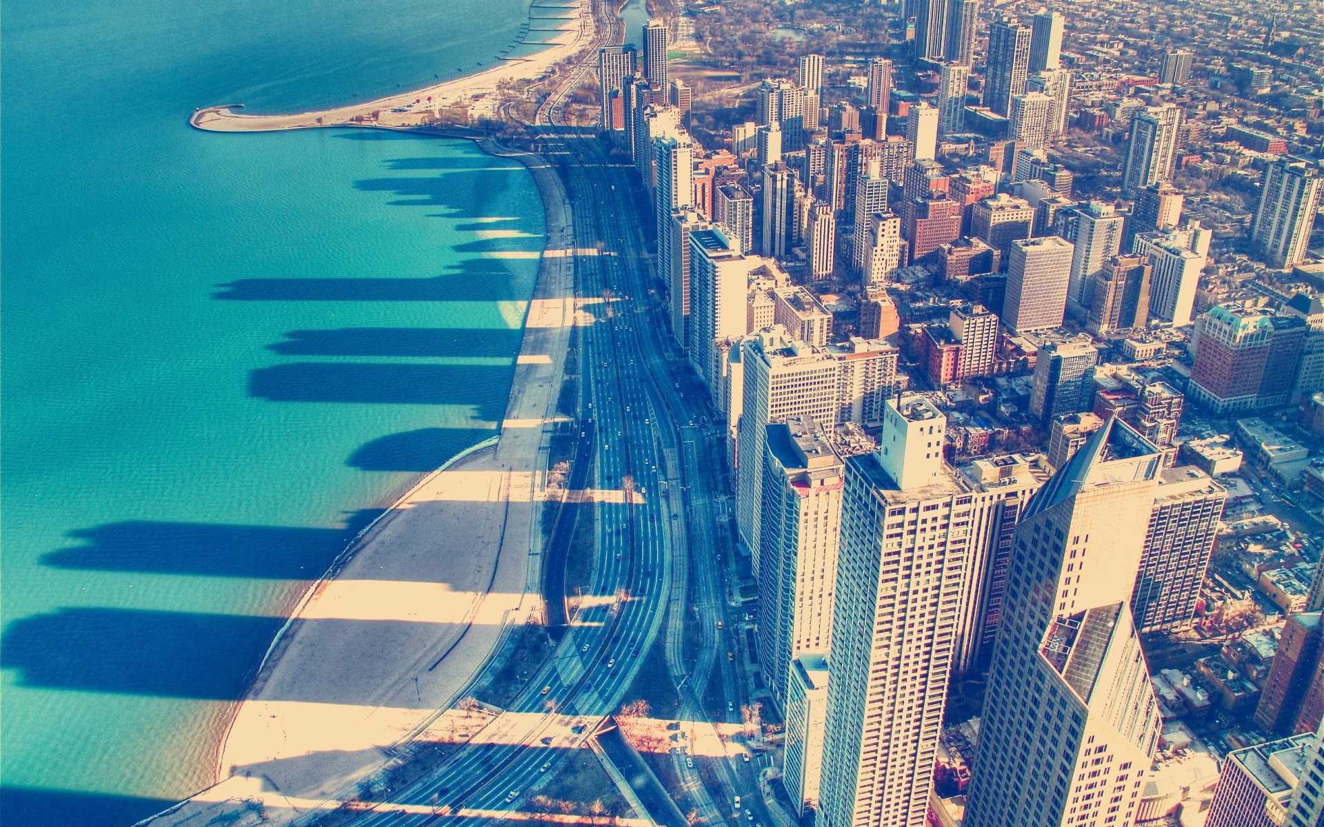 cityscape, freeway, ocean, way, high, photo, 1080P, near, hd, warm, buildings, rise, building, highway, aerial, skyscrapers, coast, HD Wallpaper