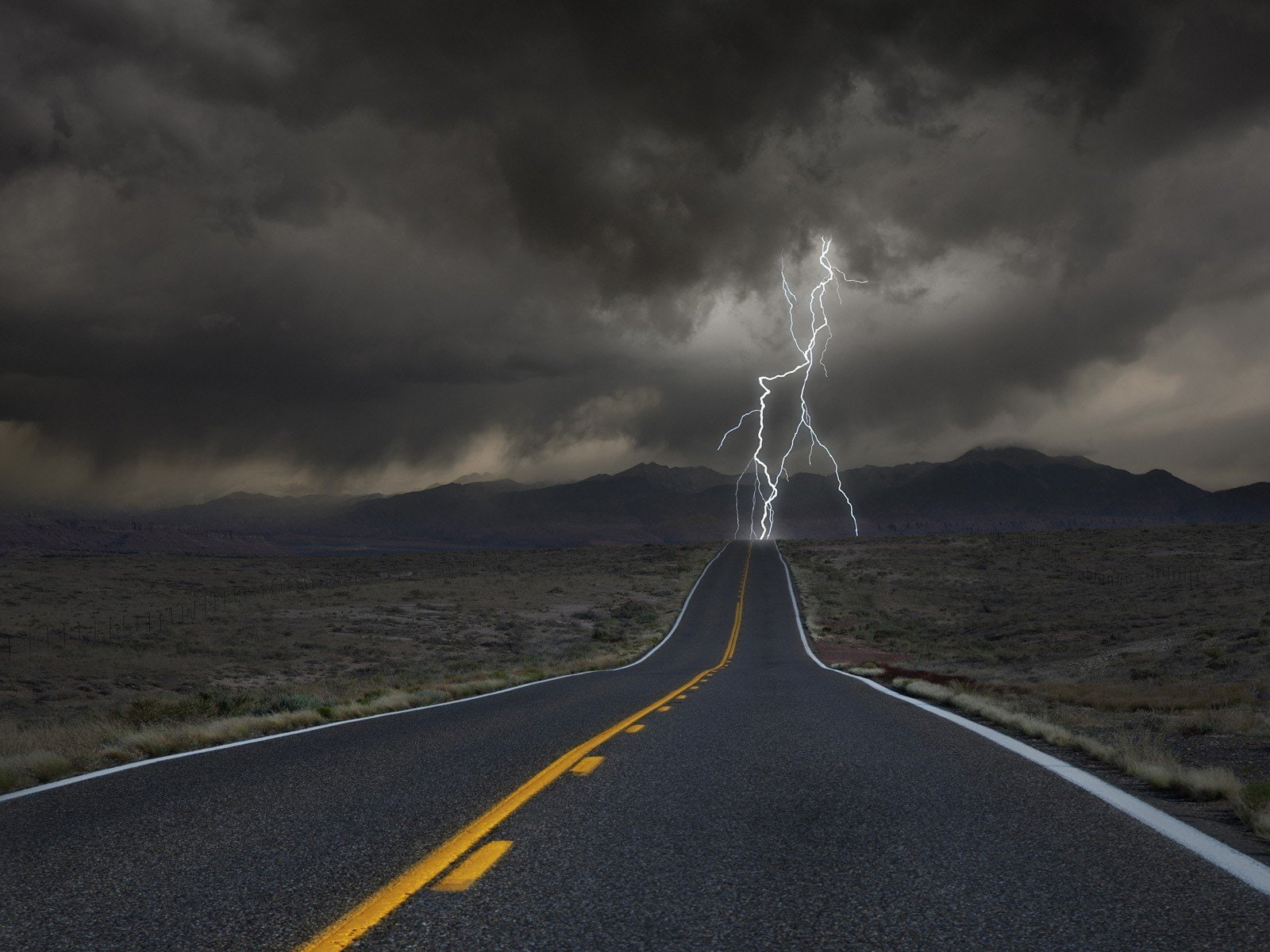 Lightning, 720P, storm, road, Desert, HD Wallpaper