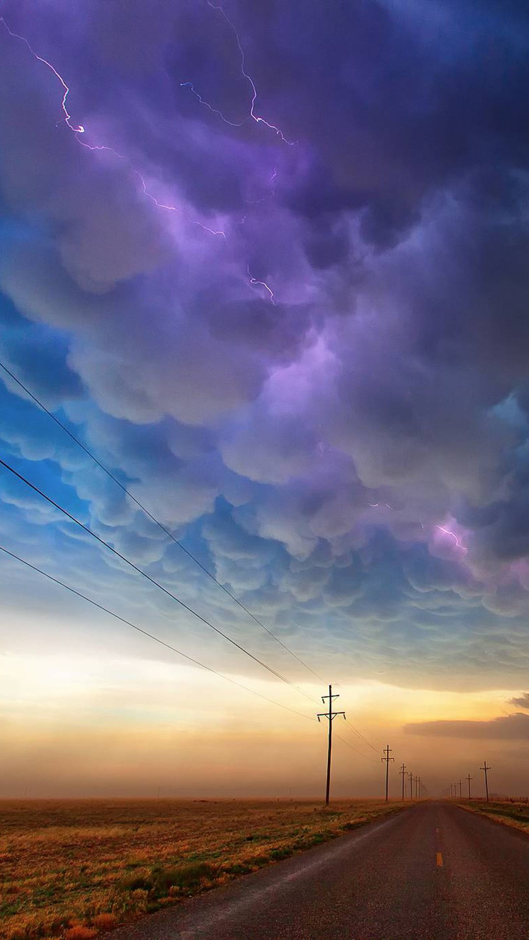 clouds, road, purple, transportation, 1080P, land, environment, nature, sunset, gray, electricity, beauty in nature, cloudscape, dusk, asphalt, lightning, Phone HD Wallpaper