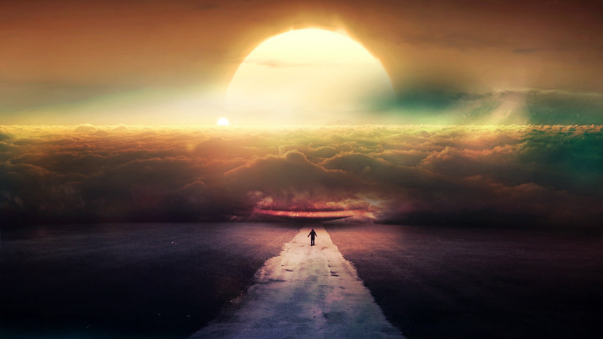 direction, golden, ethereal, nature, one person, hour, landscape, cloud - sky, sky, standing, sunbeam, digital composite, 1080P, the way forward, person, HD Wallpaper