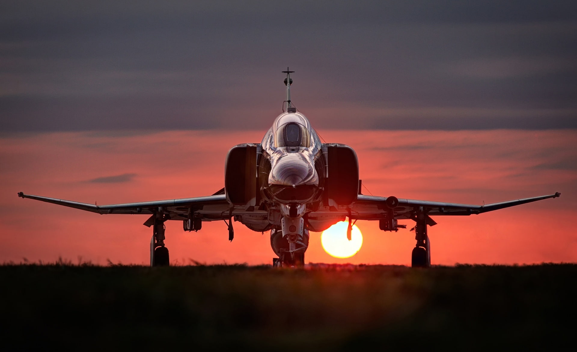 orange color, transportation, Phantom, no people, mode of transportation, ii, drone, nature, 1080P, flying, airplane, sunset, dusk, front view, Army, McDonnell, HD Wallpaper