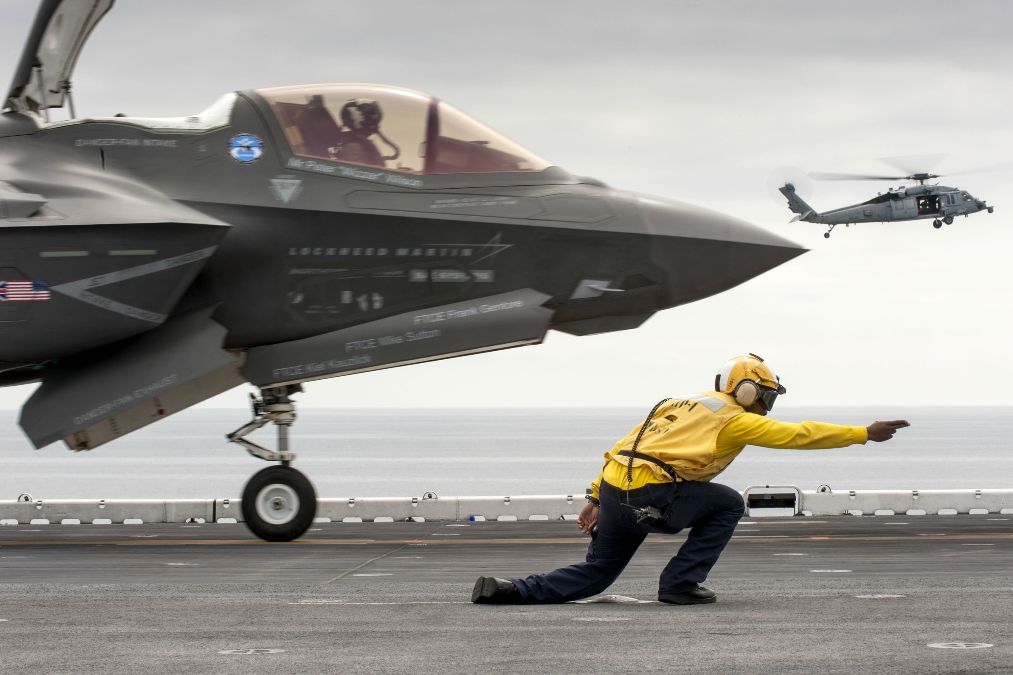 real people, airport, 2K, day, nautical vessel, water, transportation, Lockheed Martin F-35 Lightning II, airport runway, air vehicle, plane, occupation, HD Wallpaper