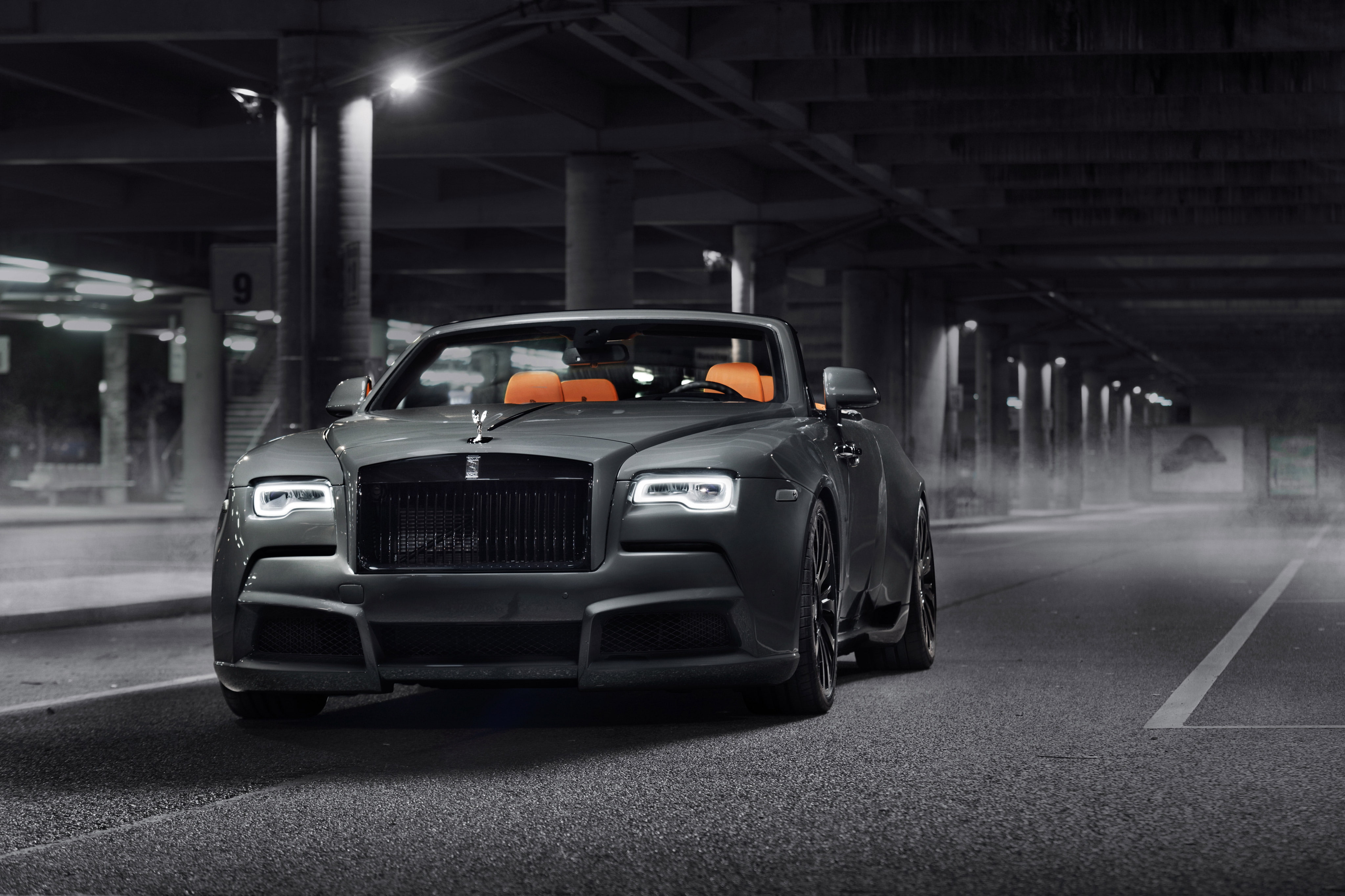 illuminated, motor vehicle, architecture, parking garage, indoors, night, street, transportation, city, car, land vehicle, architectural column, rolls royce dawn overdose, HD Wallpaper
