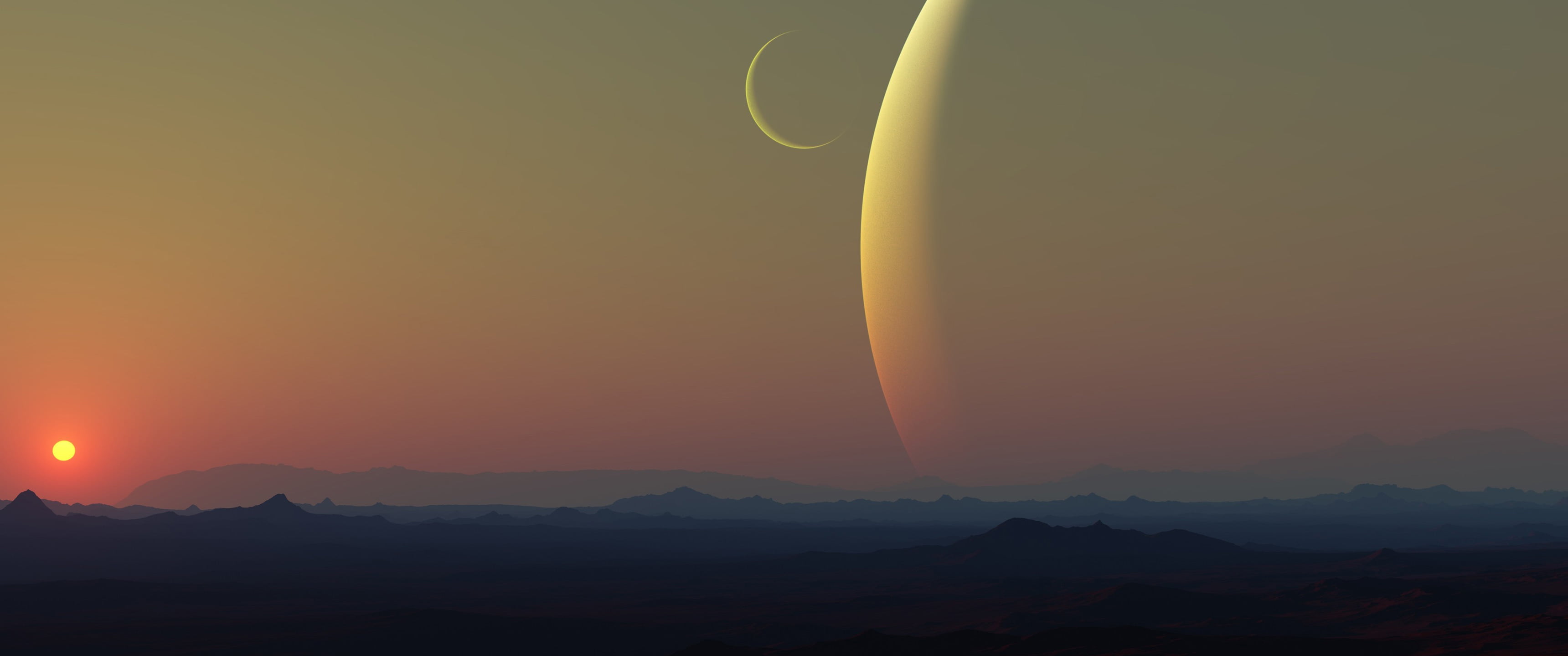 beauty in nature, environment, Moon, no people, nature, silhouette, two, mountain range, orange color, idyllic, tranquility, tranquil scene, eclipse, mountain, HD Wallpaper