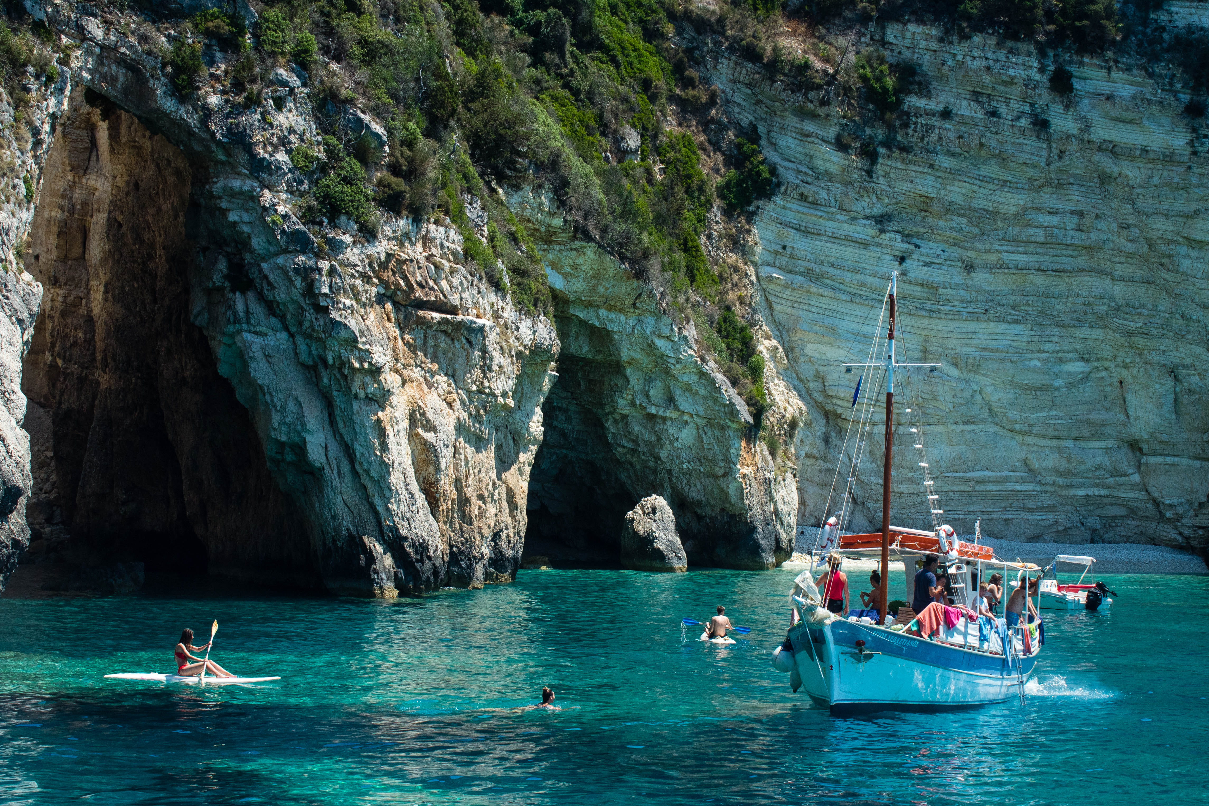 vehicle, solid, nature, greece, human, shoreline, real people, boat, lagoon, transportation, lagune, group of people, mode of transportation, 4K, day, HD Wallpaper
