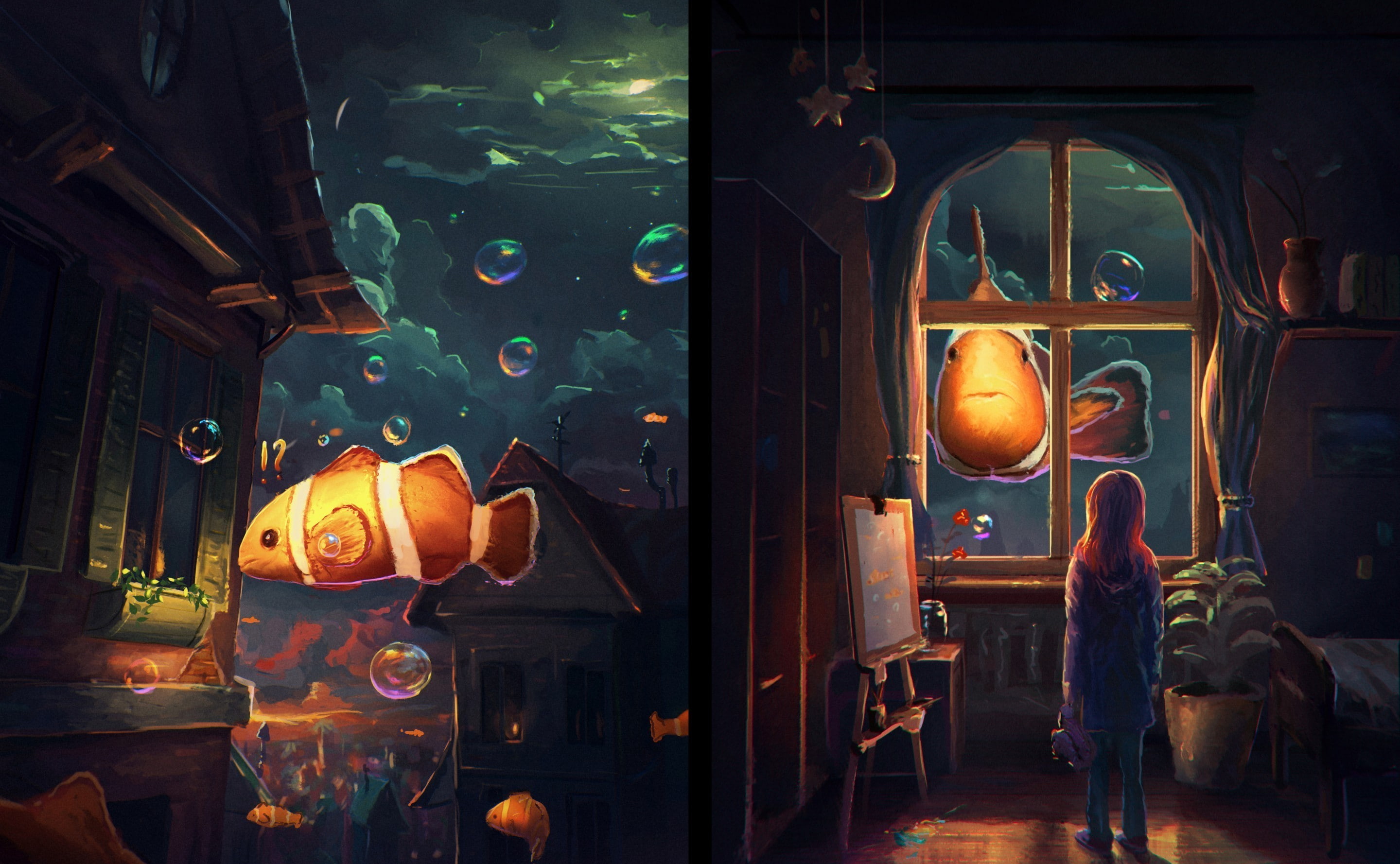 sylar, window, fantasy art, fantasy, night, fish, bubbles, 2K, art, clownfish, HD Wallpaper