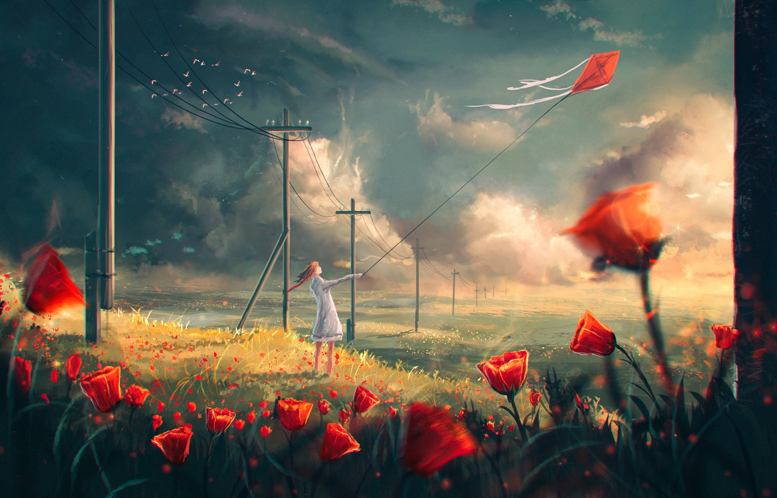 power lines, flowers, fantasy art, 1080P, kites, original characters, Sylar, HD Wallpaper