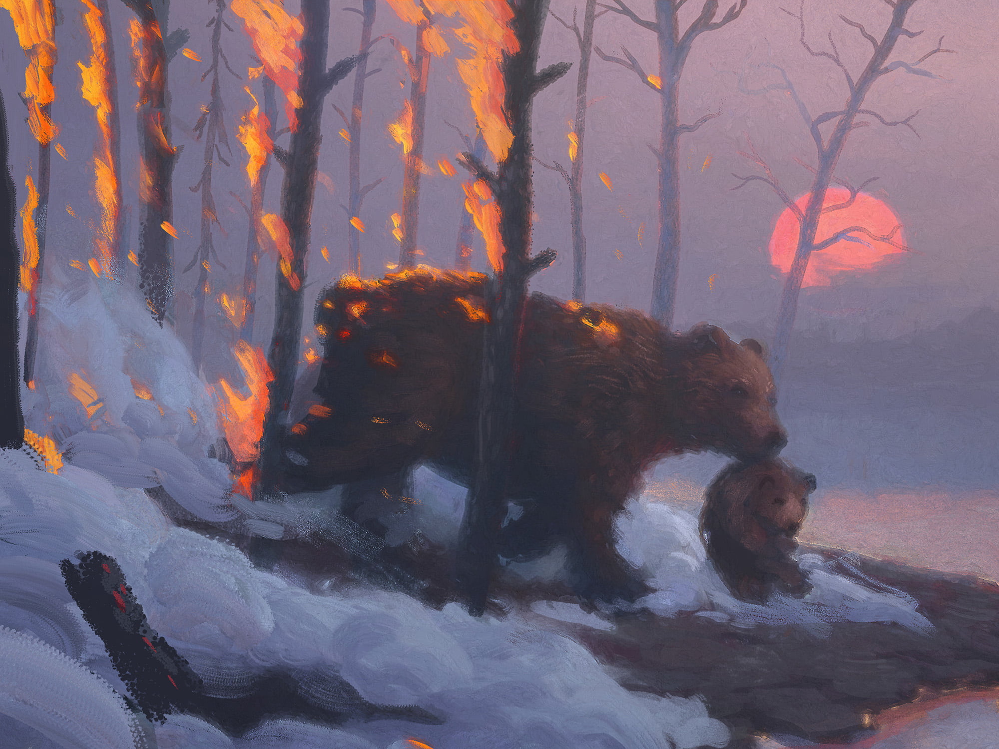 artwork, painting, fire, Sylar, snow, embers, sunrise, forest, bears, 1080P, HD Wallpaper