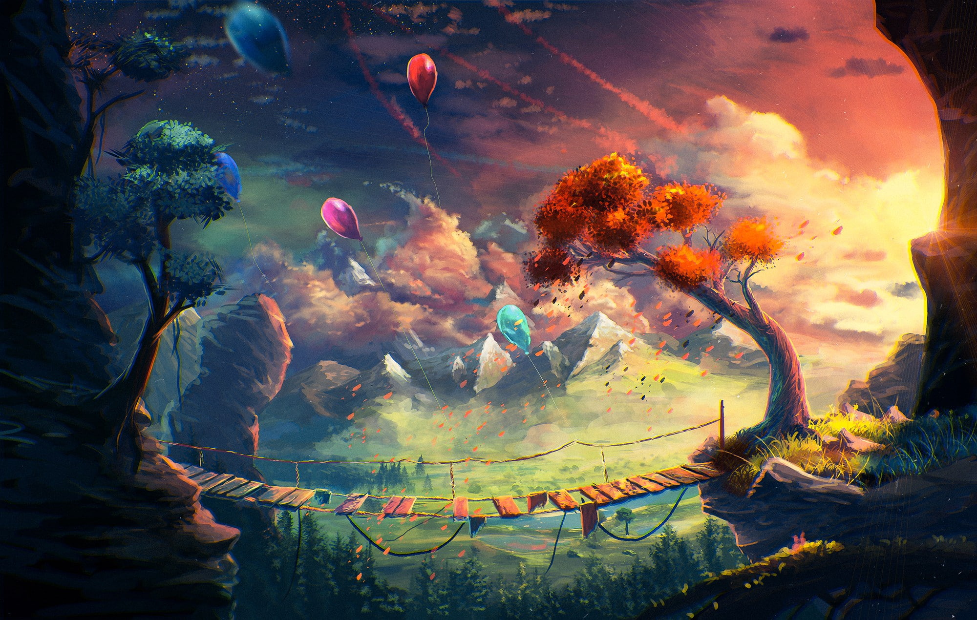 anime, 1080P, Sylar, artwork, mountains, clouds, fantasy art, bridge, balloon, HD Wallpaper