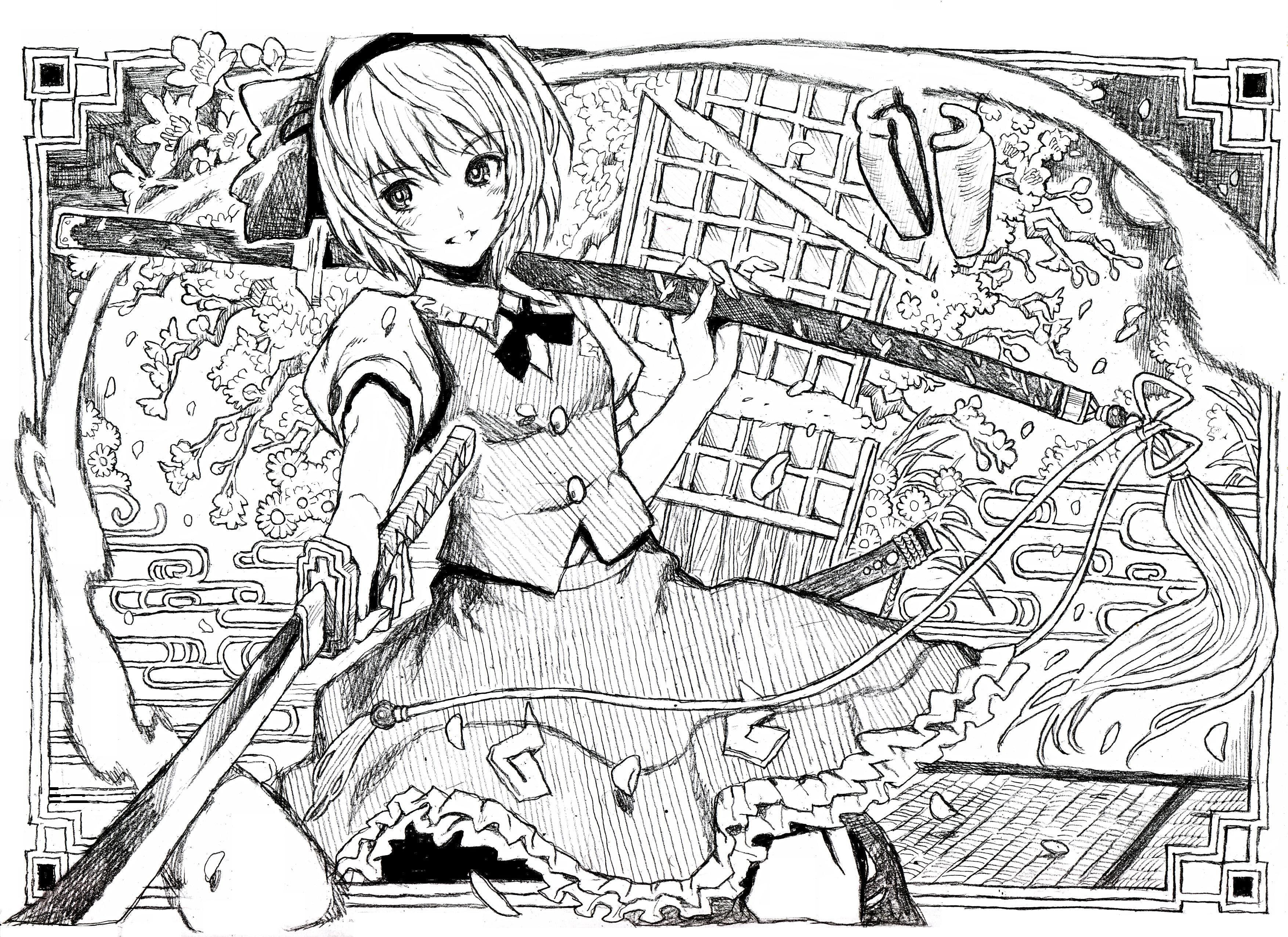katana, sketch, 2K, monochrome, touhou, weapon, youmu, nobita, sword, konpaku, HD Wallpaper