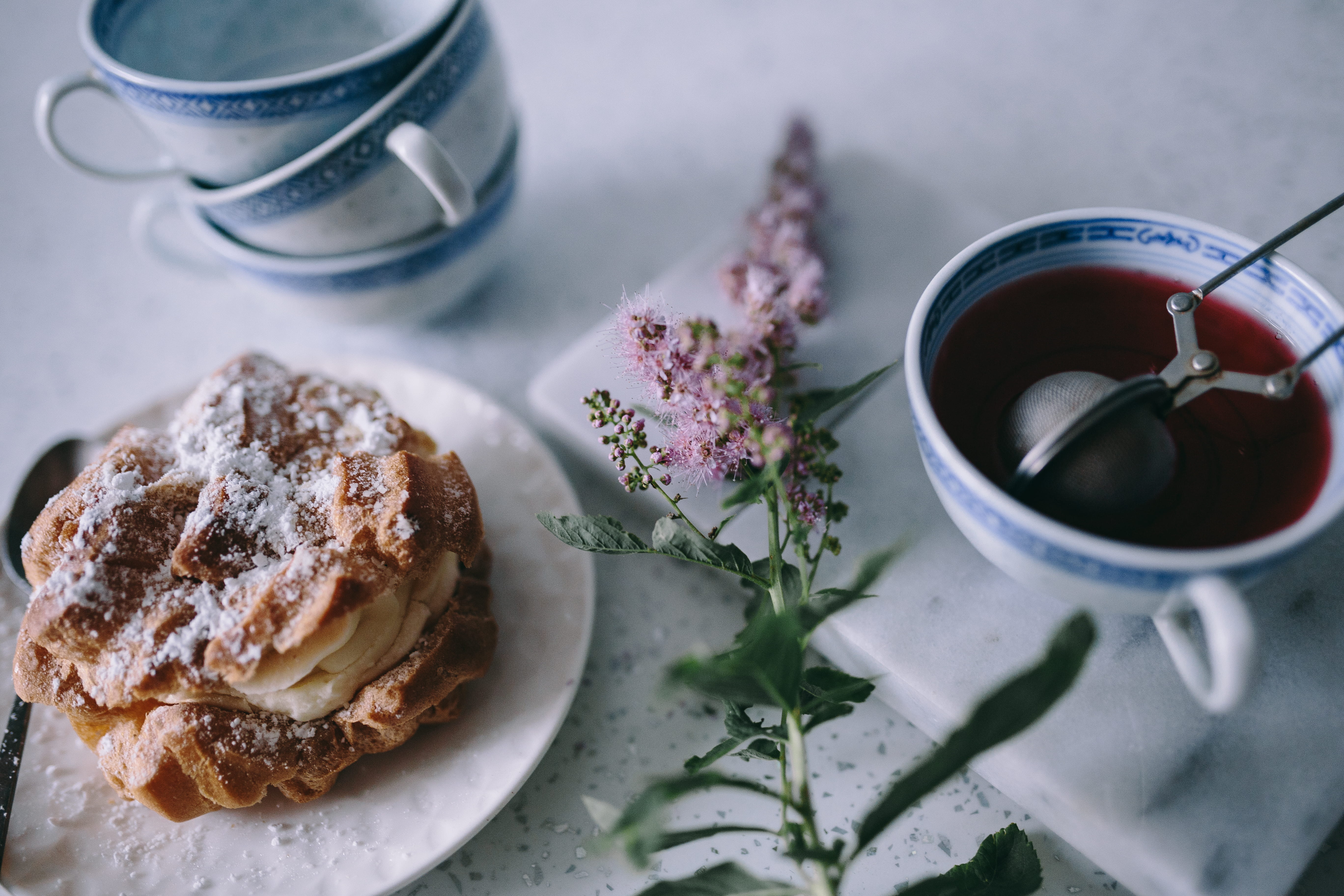 meal, puffs, tea, gourmet, Tee, flower, mug, hot drink, drink, temptation, sweet Food, crockery, indoors, freshness, cake, Coffee, table, 5K, tea - Hot Drink, HD Wallpaper