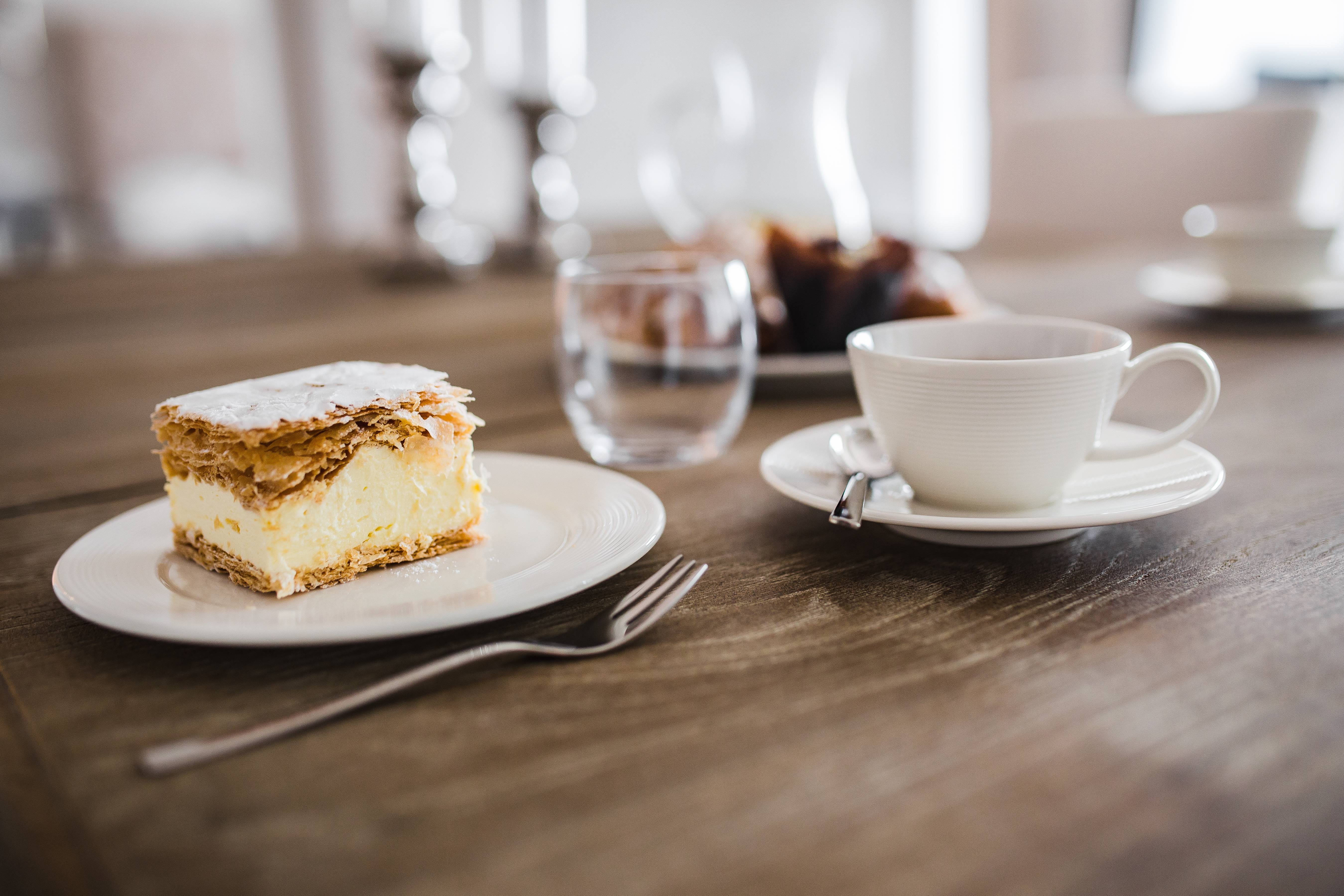 slice, cake, kitchen utensil, coffee cup, indulgence, dessert, drink, Sweet, morning, baked, crockery, meal, plate, cup, gourmet, coffee - Drink, snack, HD Wallpaper
