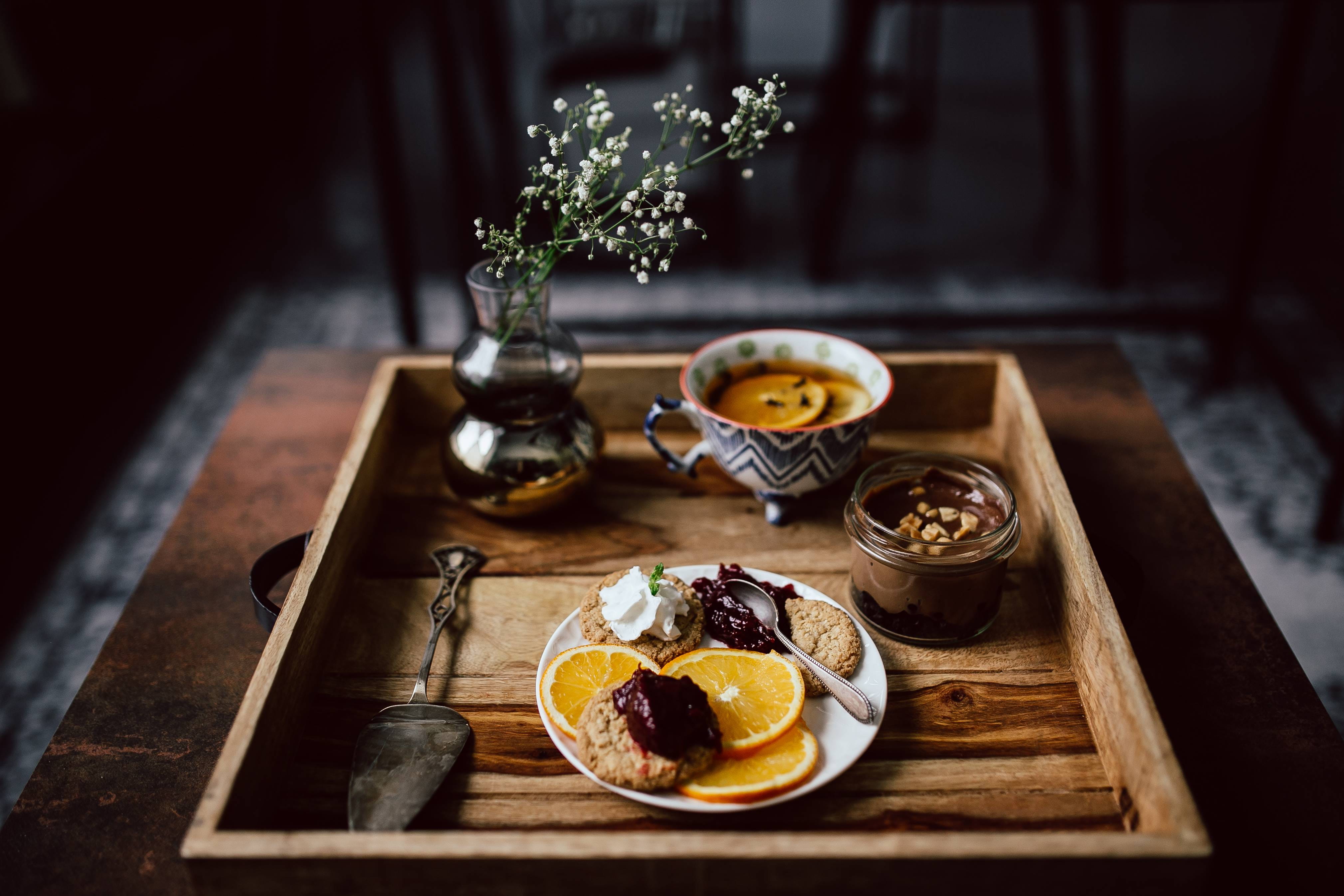 orange, wood - Material, 4K, cup, fruit, jam, high angle view, chocolate, food, nature, tray, tea, sweet, fruit, breakfast, plate, table, still life, chocolate mousse, HD Wallpaper