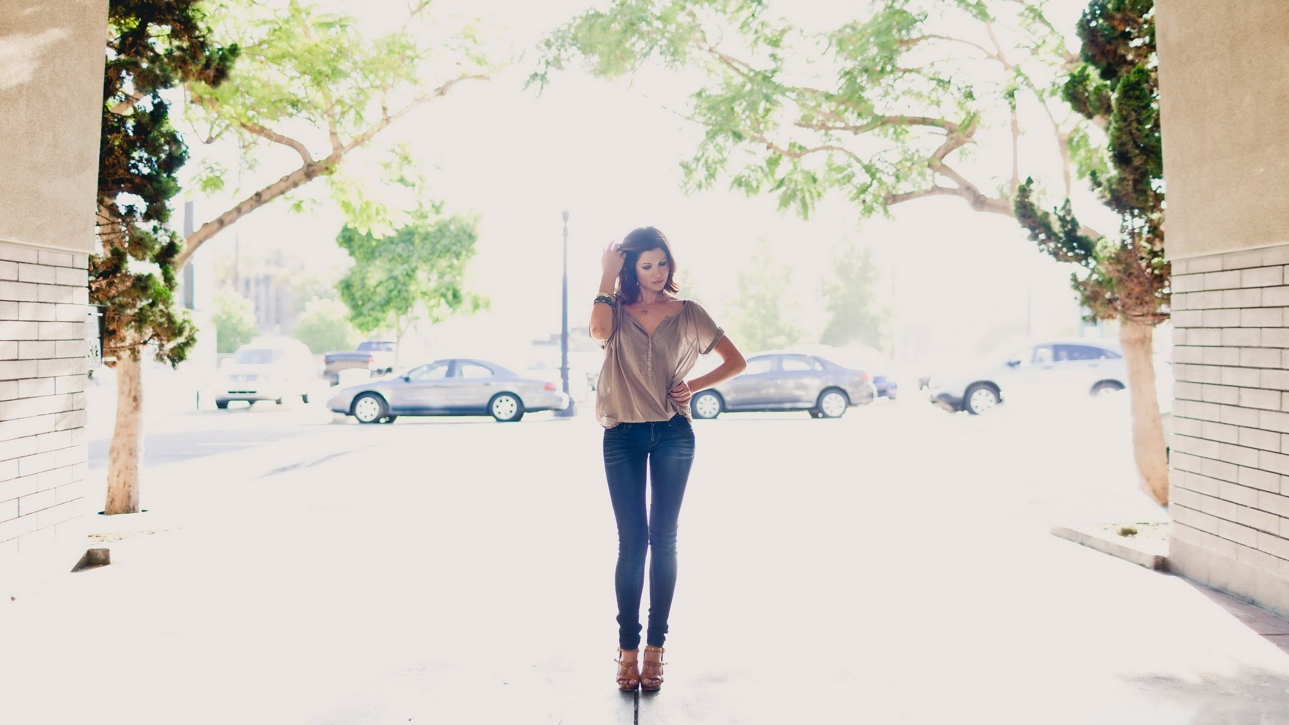 skinny, beautiful woman, real people, street, elegance, wall, leisure activity, fashion, tree, long hair, transportation, relaxation, hair, hairstyle, people, HD Wallpaper