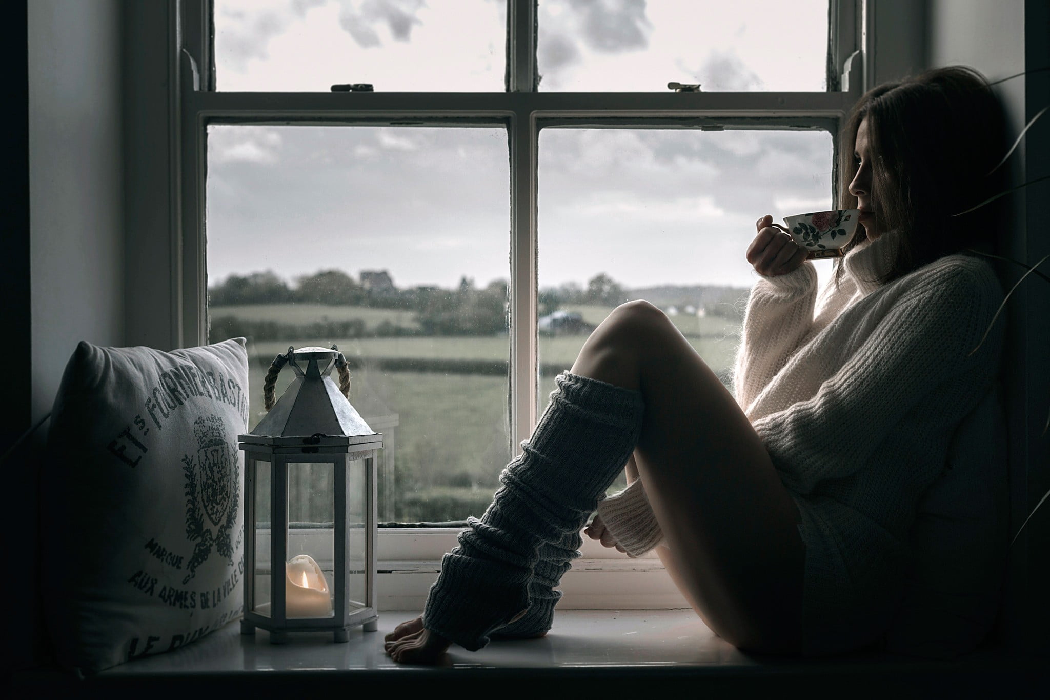 side view, women, full length, 1080P, looking through window, home interior, looking, beautiful woman, sitting, sweater, drinking, real people, lifestyles, HD Wallpaper