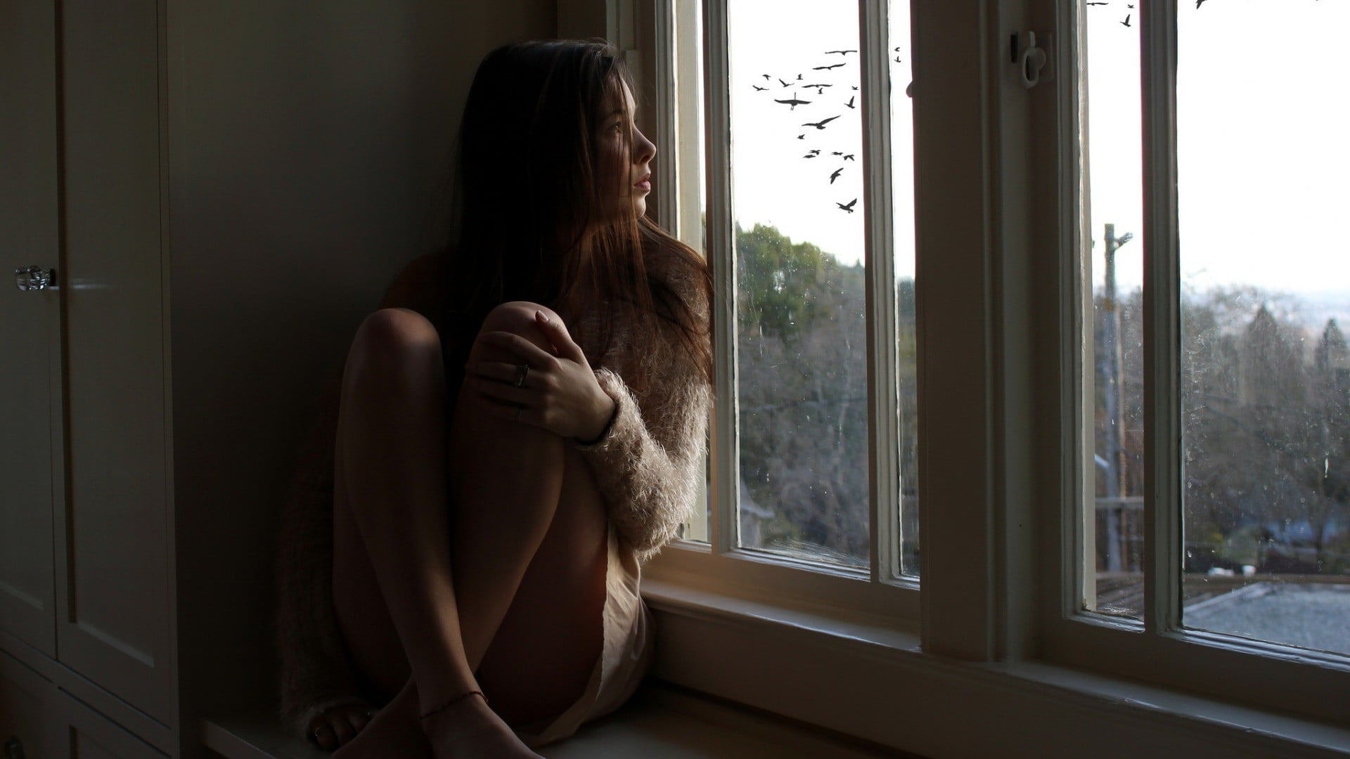 birds, depression - sadness, model, legs crossed, sadness, real people, one person, long hair, sitting, women, looking away, transparent, young adult, day, HD Wallpaper