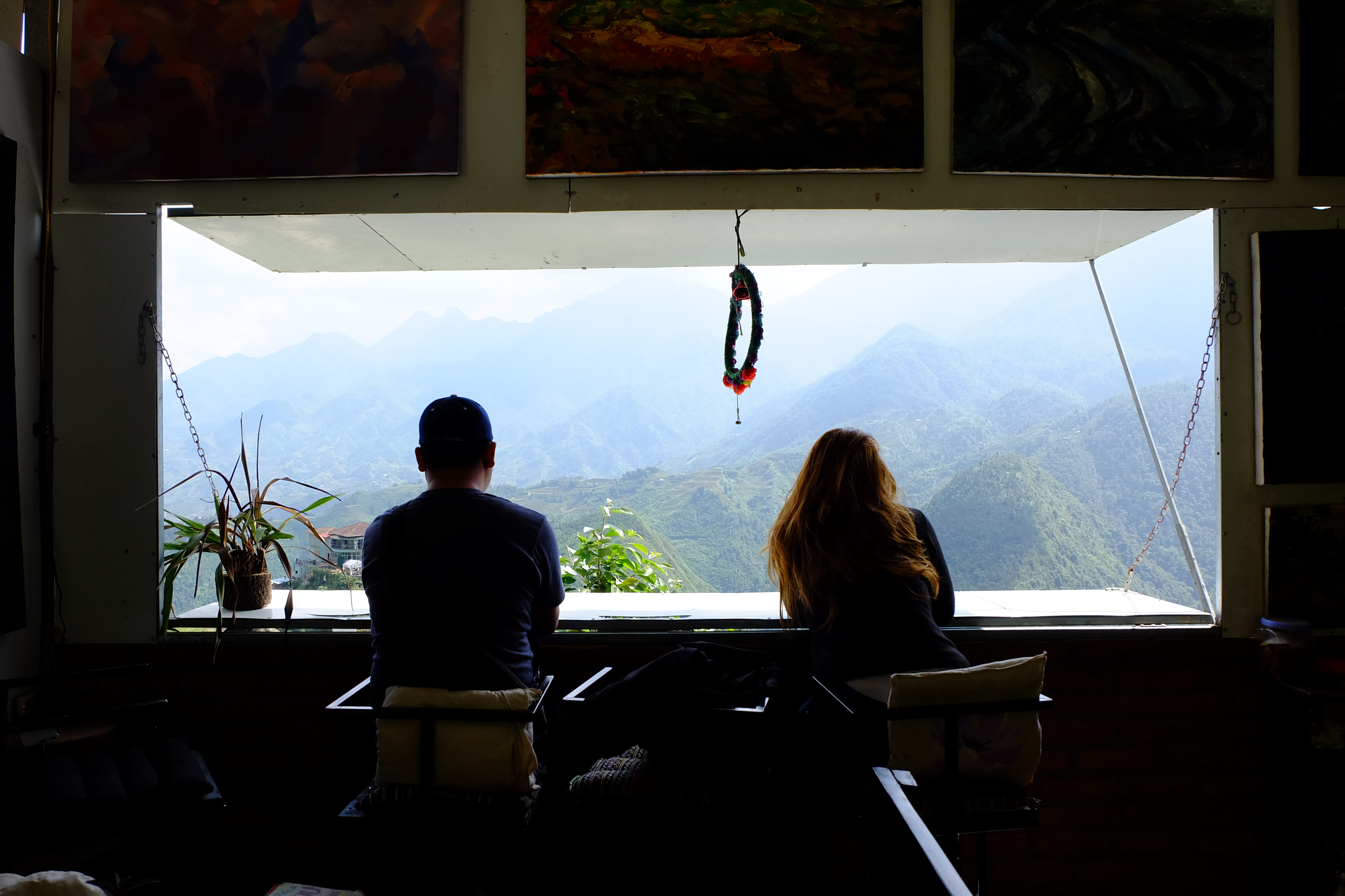 real people, mountain, view, adult, seat, table, women, nature, sitting, people, window, day, 4K, transparent, leisure activity, rear view, indoors, couple, HD Wallpaper