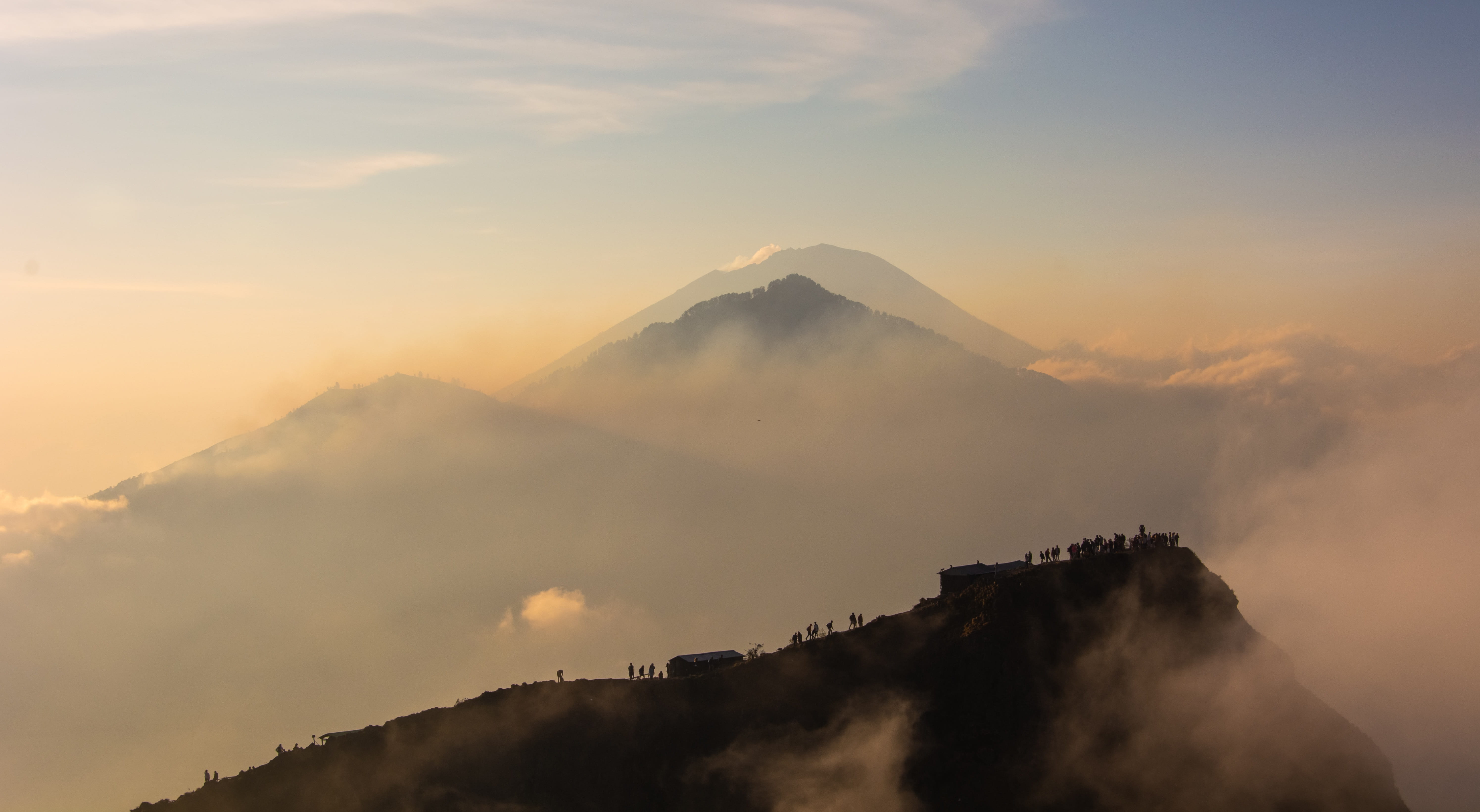 sunrise, 5K, sky, outdoors, tranquil scene, travel destinations, outdoor, fog, mount batur, cloud - sky, mountain, snowcapped mountain, beauty in nature, HD Wallpaper