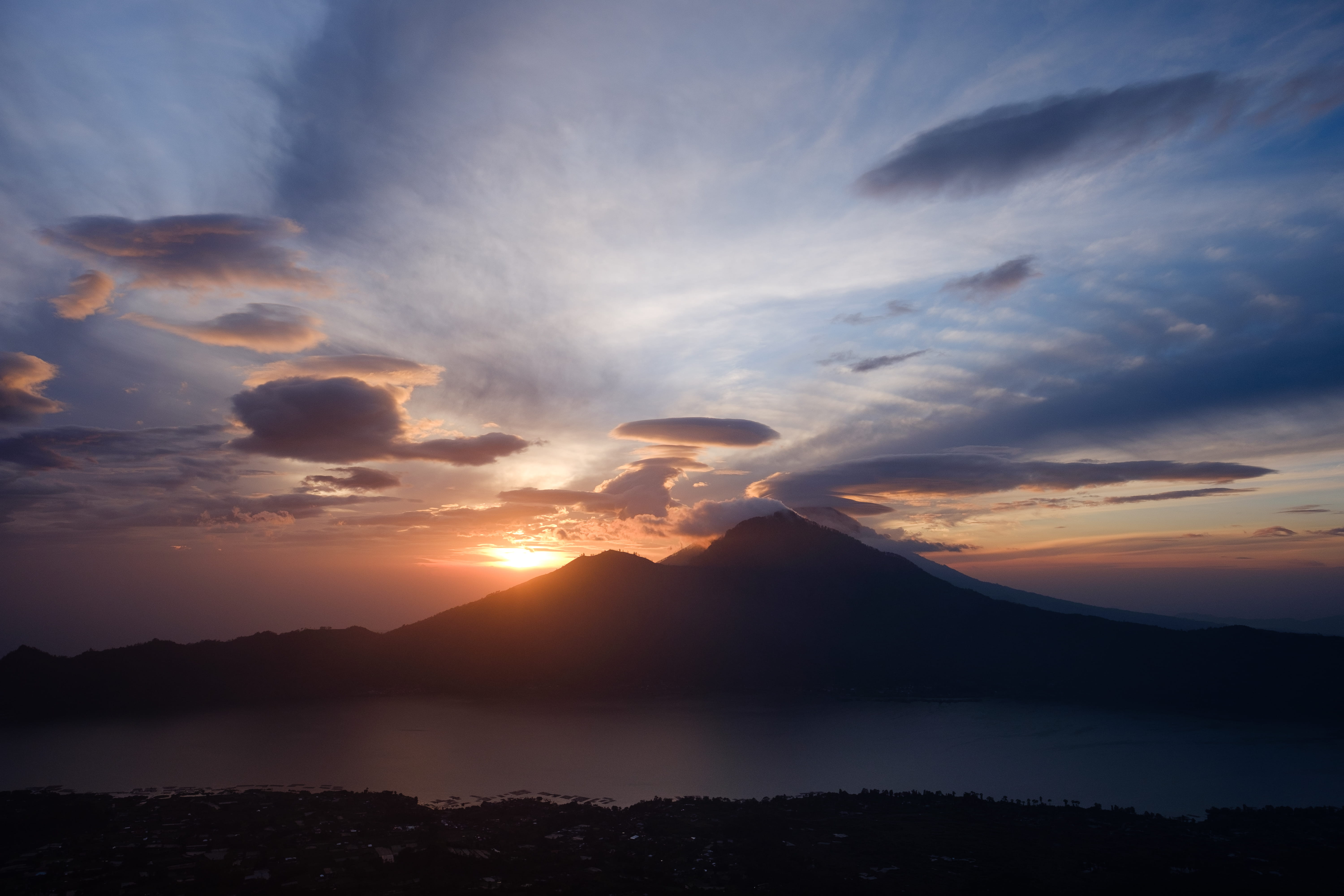 sunset, idyllic, tranquility, mt. batur, no people, lake, orange color, indonesia, bali, mountain range, water, beauty in nature, tranquil scene, 5K, mountain peak, HD Wallpaper