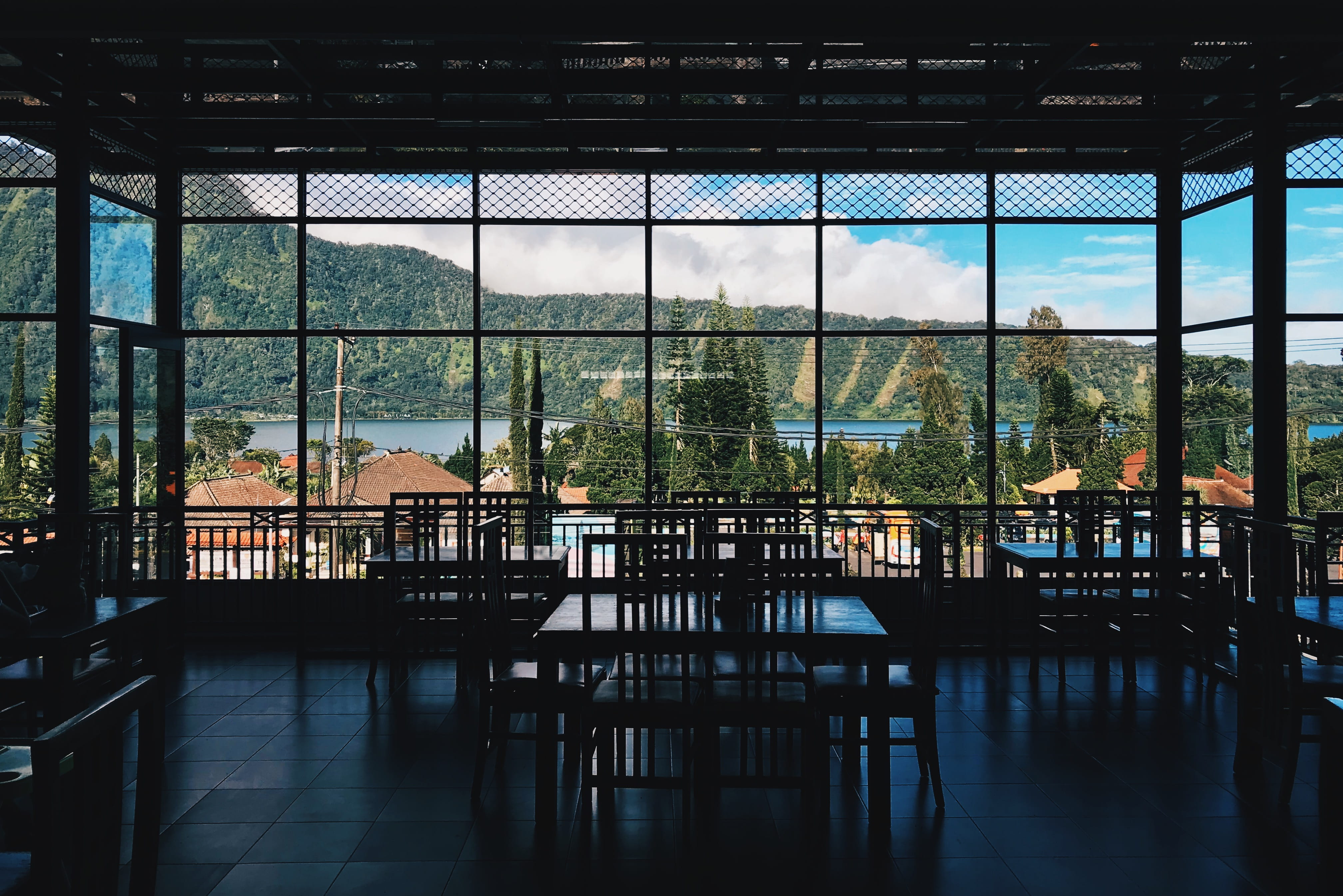 4K, tropics, sky, baturiti, bali, cafeteria, indoors, transparent, reflection, building, ceiling, restaurant, no people, glass - material, human, person, HD Wallpaper
