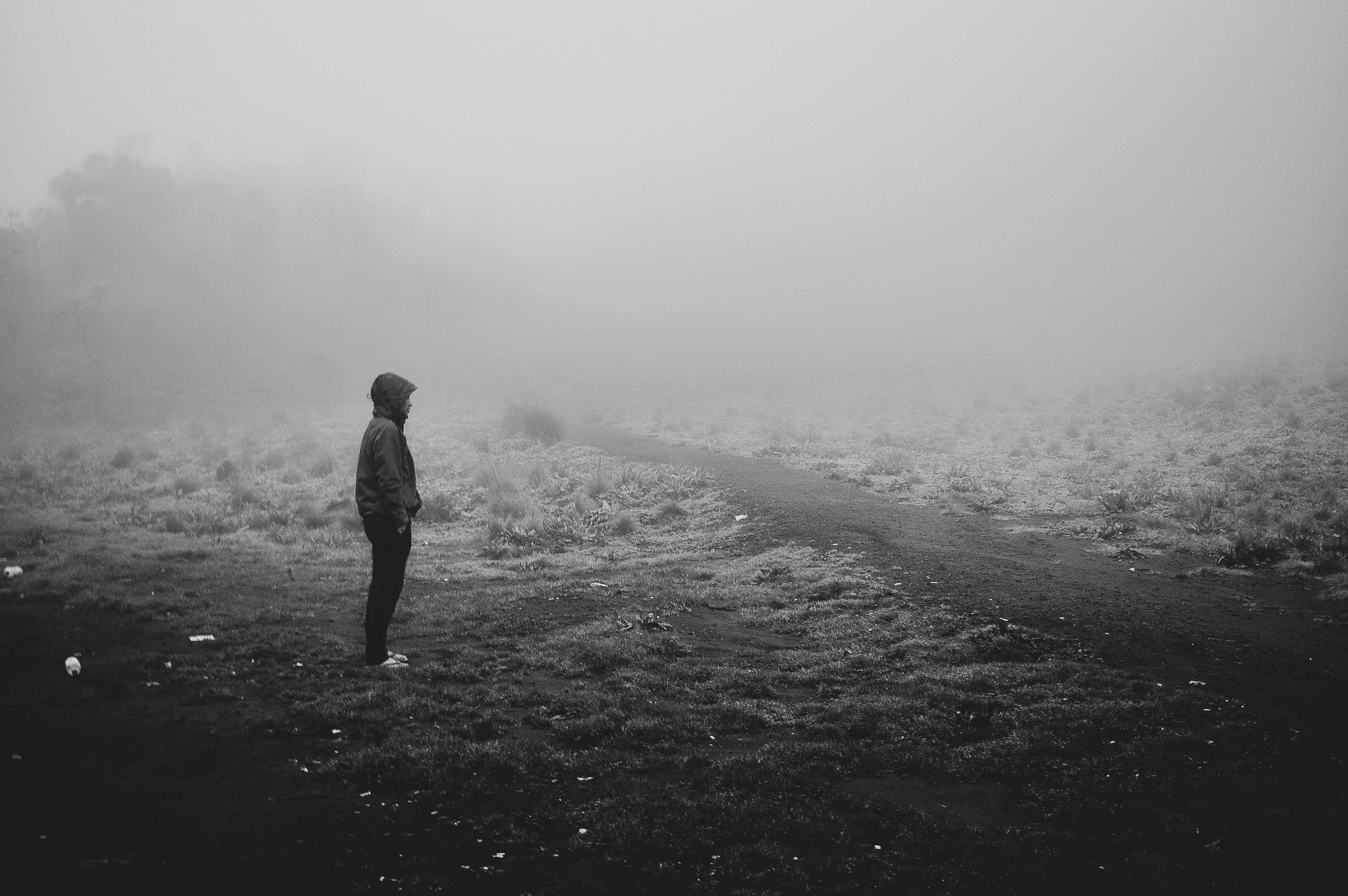 land, real people, sabana, fog, full length, landscape, trip, day, vanish, merbabu, outdoors, field, beauty in nature, one person, adult, gunung, mountain, HD Wallpaper