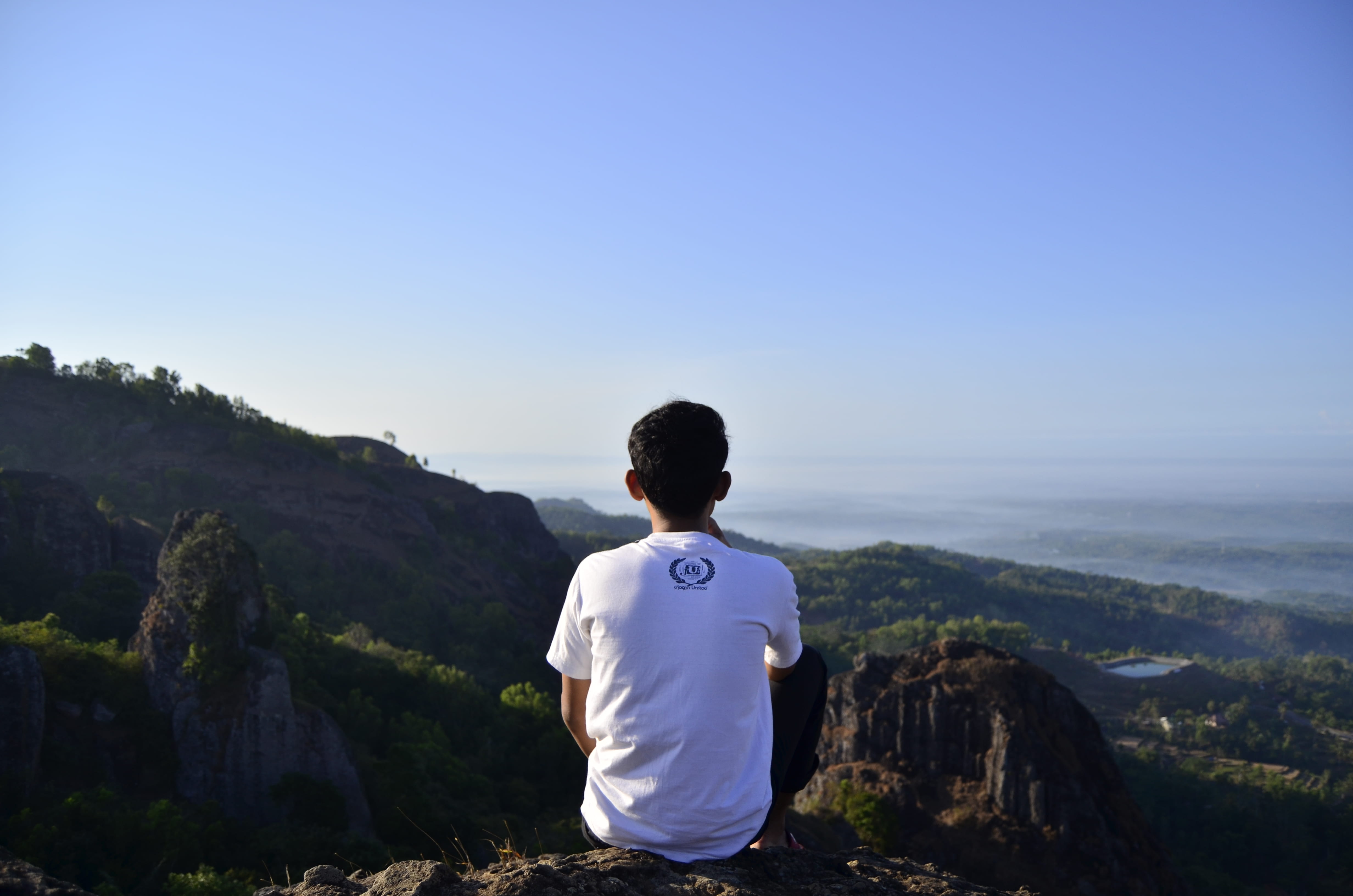 rear view, environment, yogyakarta, people, green, back, clear sky, outdoors, looking at view, lifestyles, sky, mountain, nikon, gunung, one person, leisure activity, HD Wallpaper