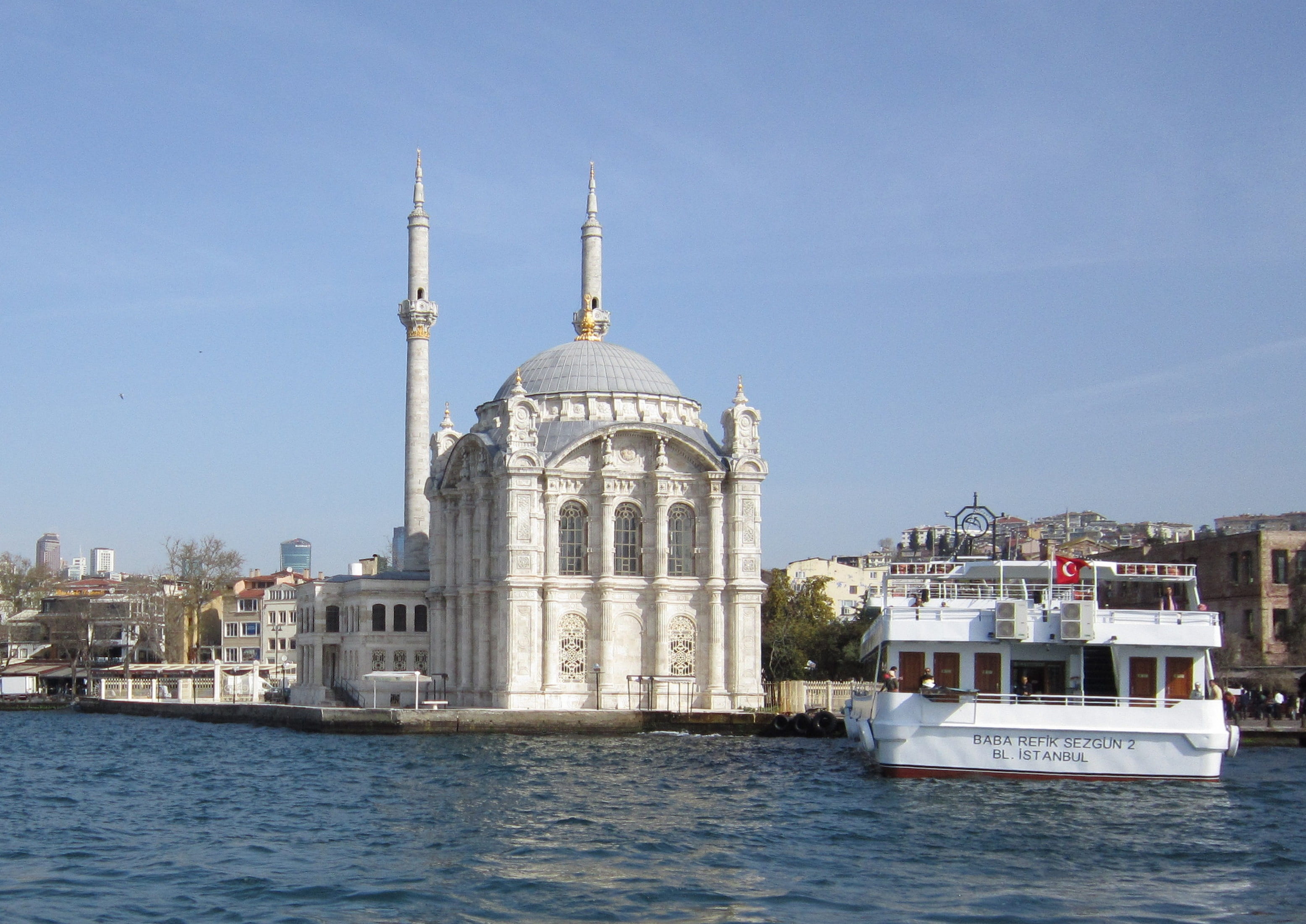 white, dome, travel, city, waterfront, transportation, travel destinations, place of worship, day, building, ortakoy, water, temple, blue, passenger craft, HD Wallpaper