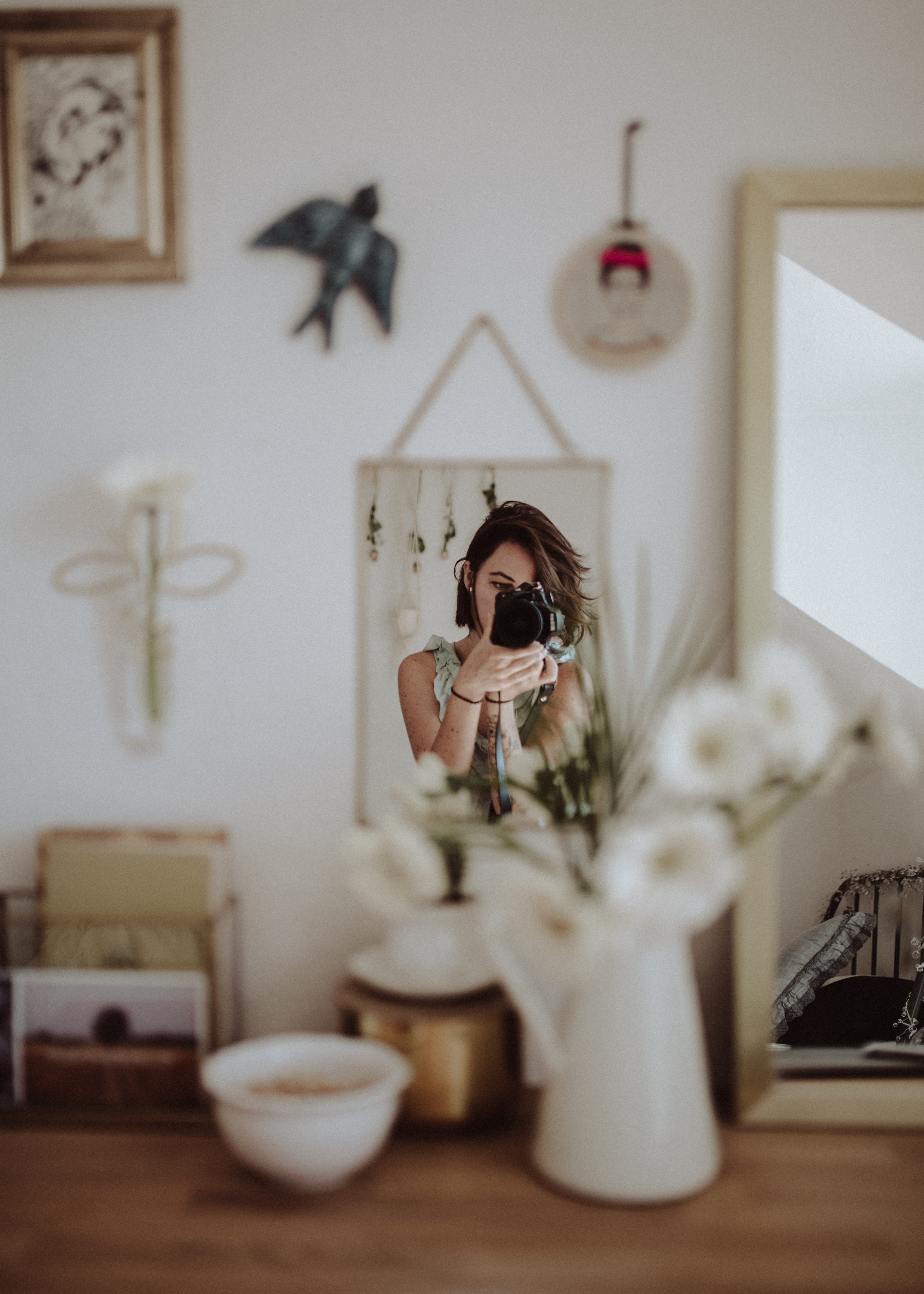 home interior, holding, selfie, bedroom, woman, mirror, frame, front, photo, adult, photography themes, women, home, electric lamp, glasses, indoors, room, Phone HD Wallpaper