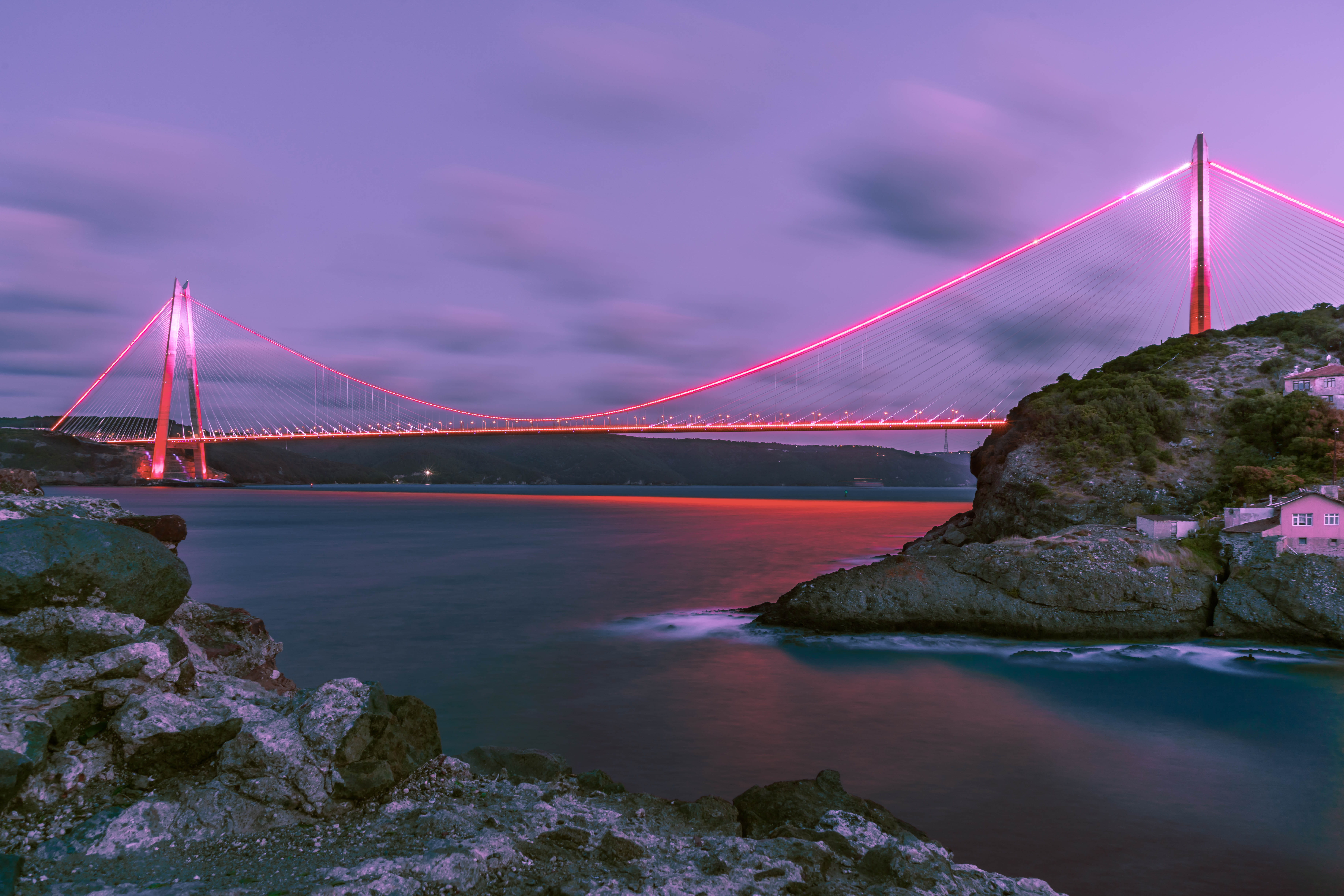 rope bridge, sea, rock - object, travel destinations, purple, suspension bridge, istanbul, scenery, coast, travel, long exposure, pink, bridge, 5K, light, HD Wallpaper