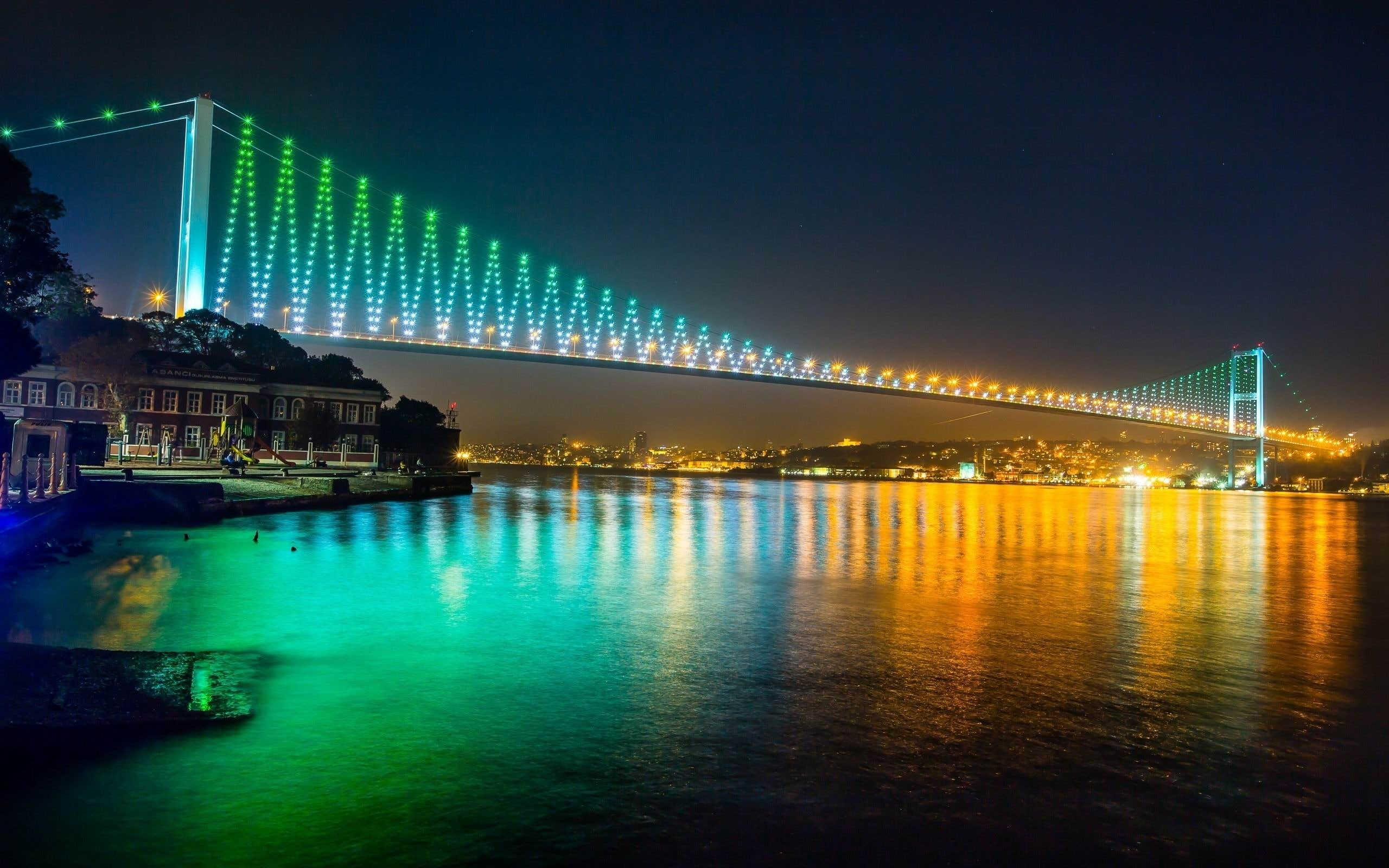 bridge, architecture, river, built structure, reflection, city, no people, 2K, desktop, transportation, istanbul, night, cities, travel destinations, bosphorus, HD Wallpaper