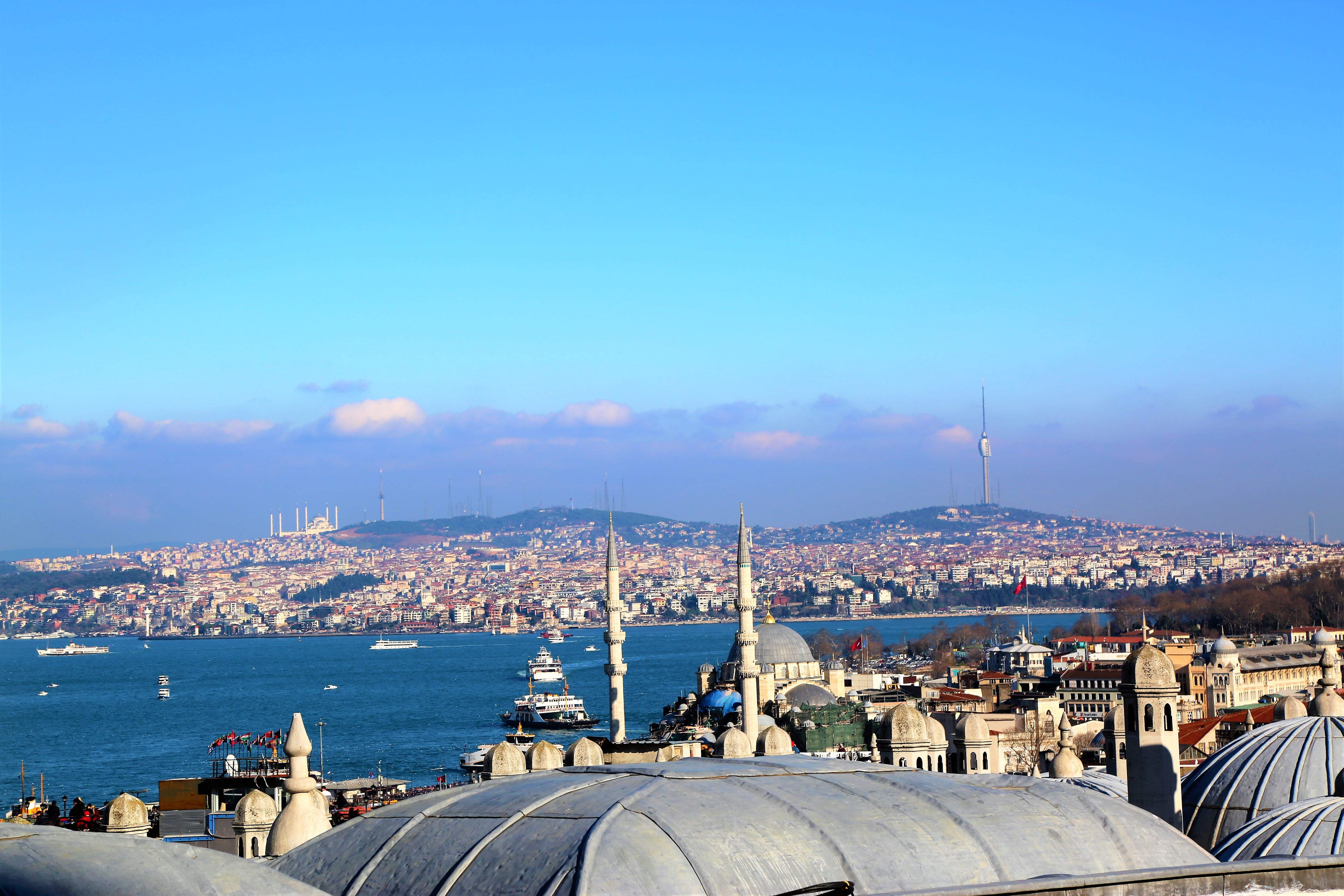 istanbul, tourism, marine, copy space, sky, mosques, city, water, 5K, turkey, travel, transportation, building exterior, architecture, harbor, bosphorus, HD Wallpaper