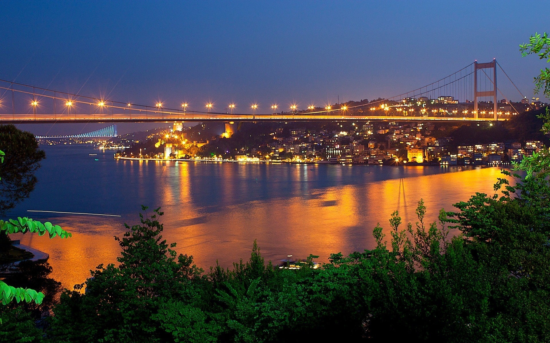 light, sea, bridge, tree, bridges, mehmet, turkey, beauty, istanbul, fatih, sultan, bosphorus, 1080P, landscape, sky, HD Wallpaper